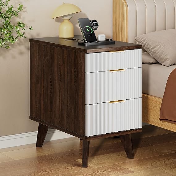 Nightstand with Hidden Charging Outlets & 3 Drawers