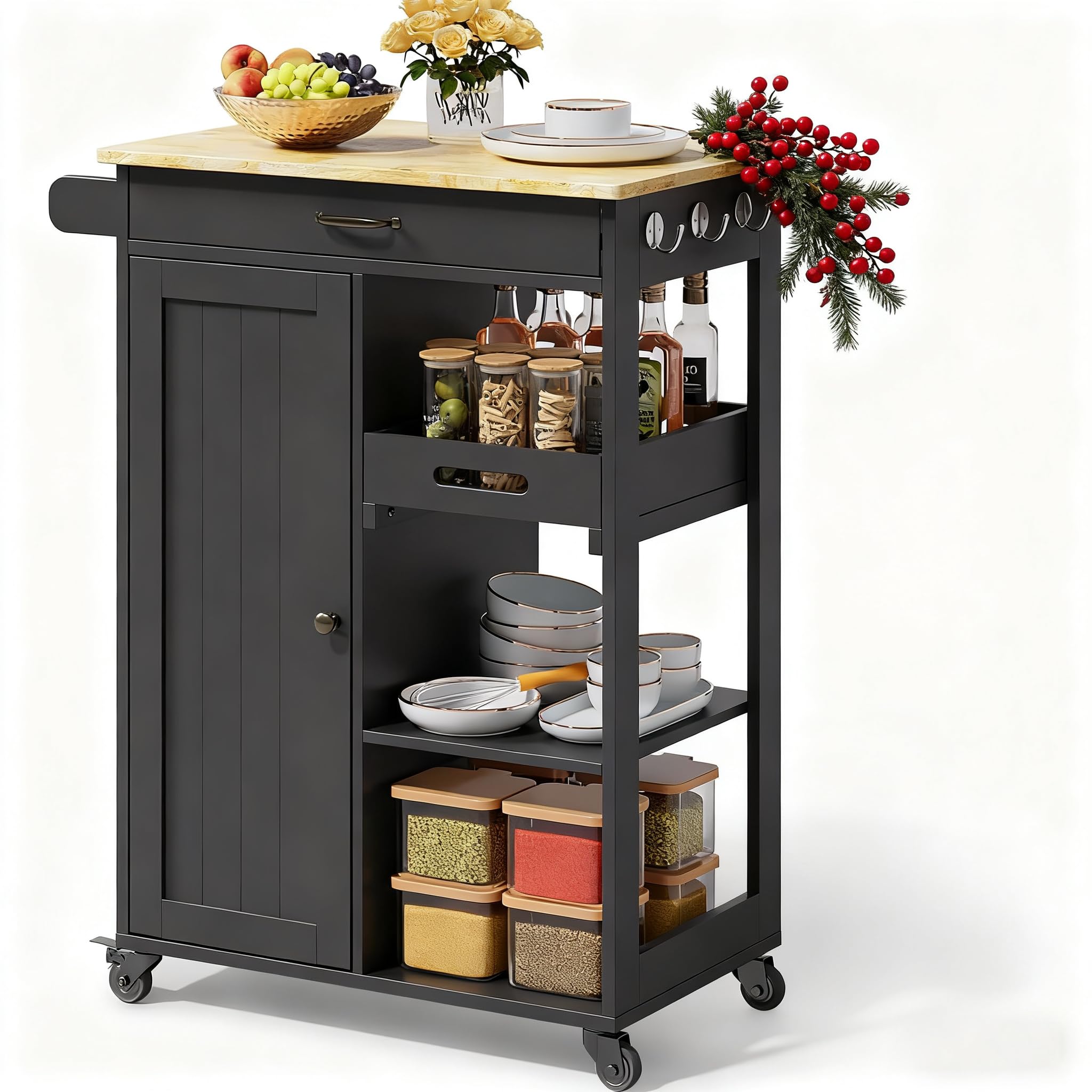 Rolling Kitchen Island Cart with Drawer, Cabinet & Storage Shelves
