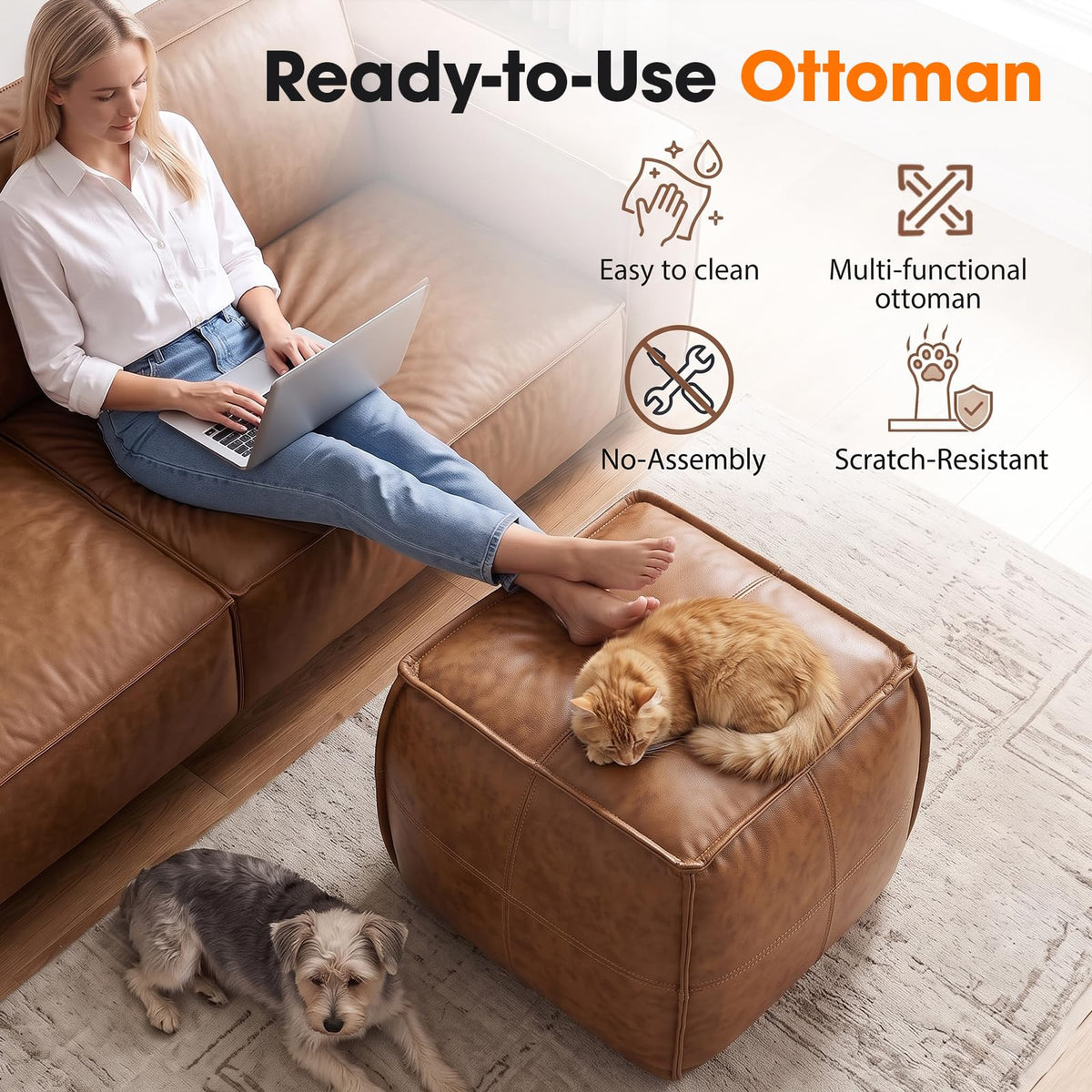 Divanus Genuine Leather Square Ottoman,Pouf for Living Room (Brown, Square)