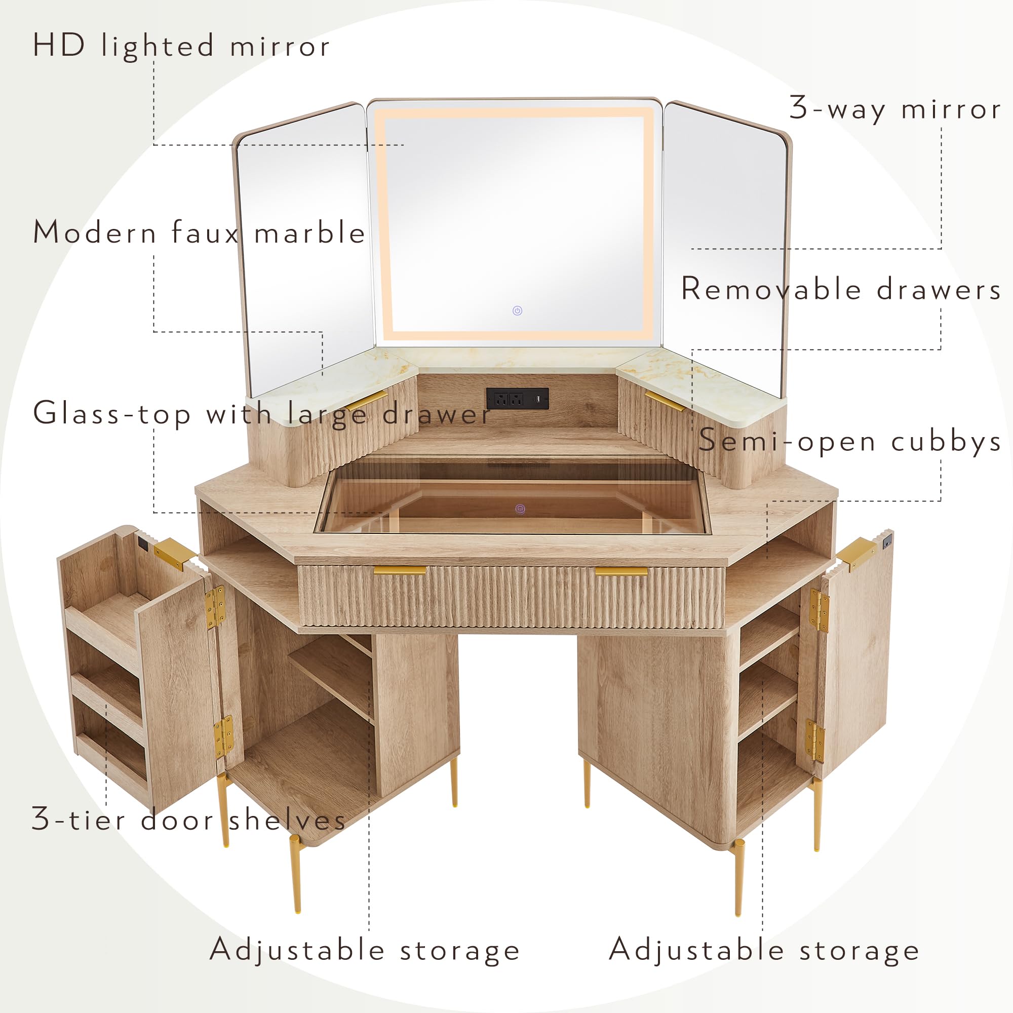 T4TREAM 48" Fluted Makeup Vanity Desk with HD Triple Mirror and Lights, Large Lighted Corner Vanity with Glass Top, Modern Dressing Table with 3 Drawers & 2 Cabinets for Bedroom, Natural Oak