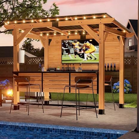 Cedar Wood Outdoor Bar Gazebo with Steel Roof