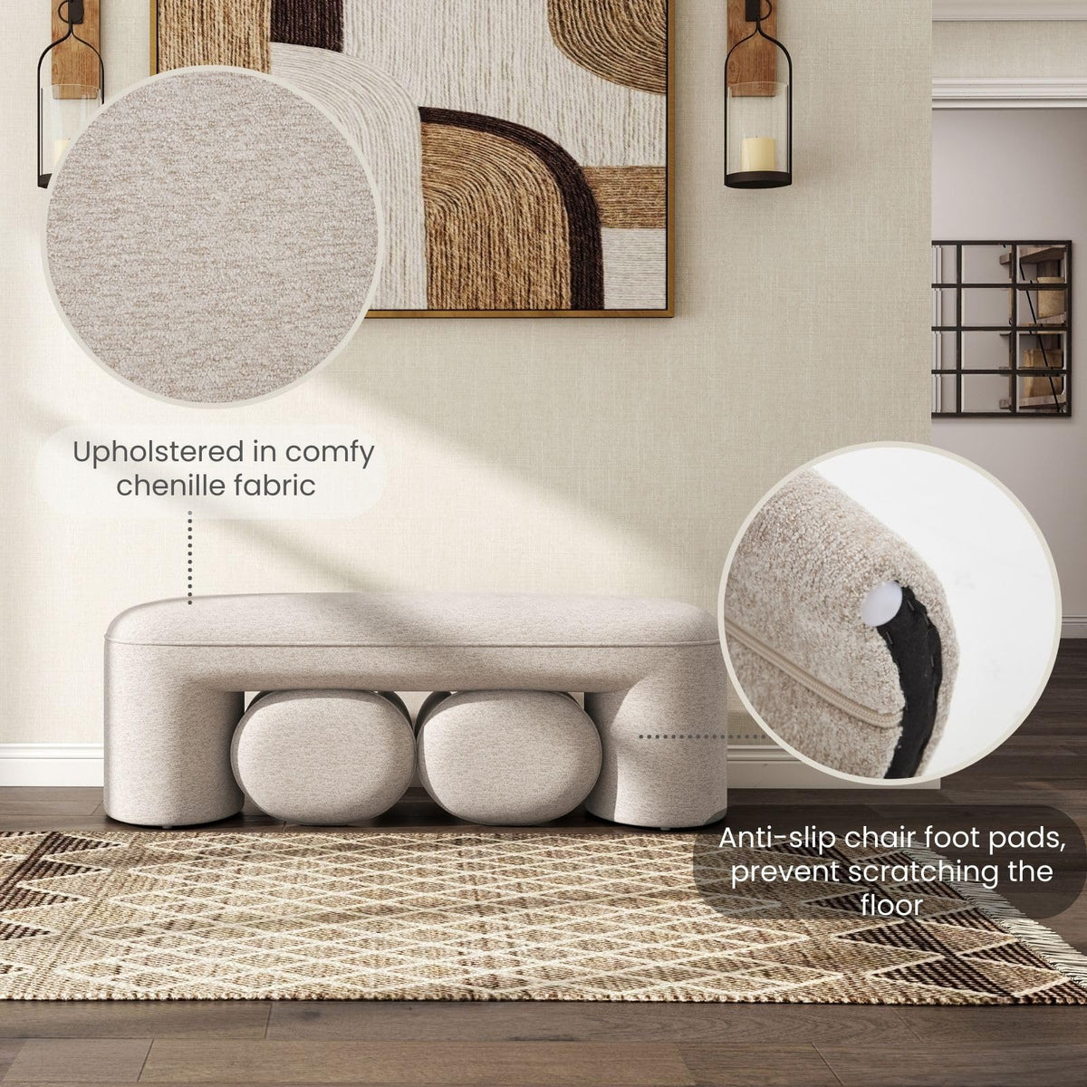 Chenille Bench with Nesting Ottomans