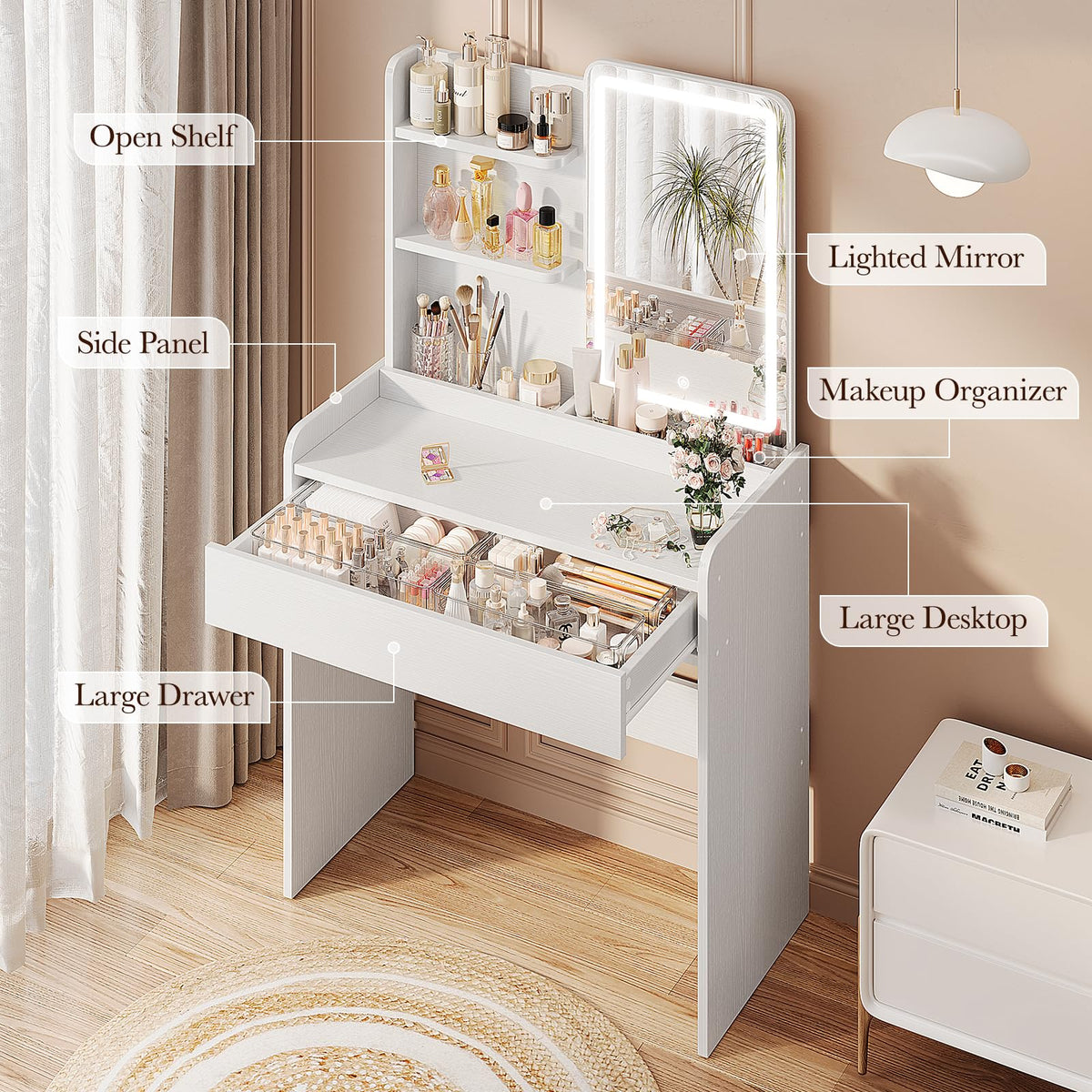 Memobarco White Small Makeup Vanity Desk with Drawer & Storage Shelves