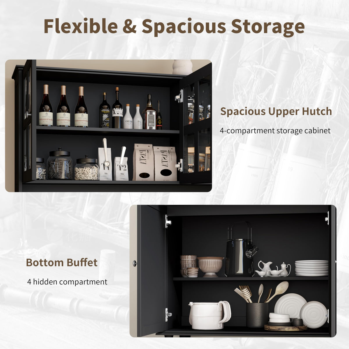 Loomie 71" Tall Kitchen Pantry Storage Cabinet, 63" Wide Kitchen Hutch Cabinet with Large Countertop, Tall Pantry with Drawers, Display Cabinets with Glass Door for Living Room