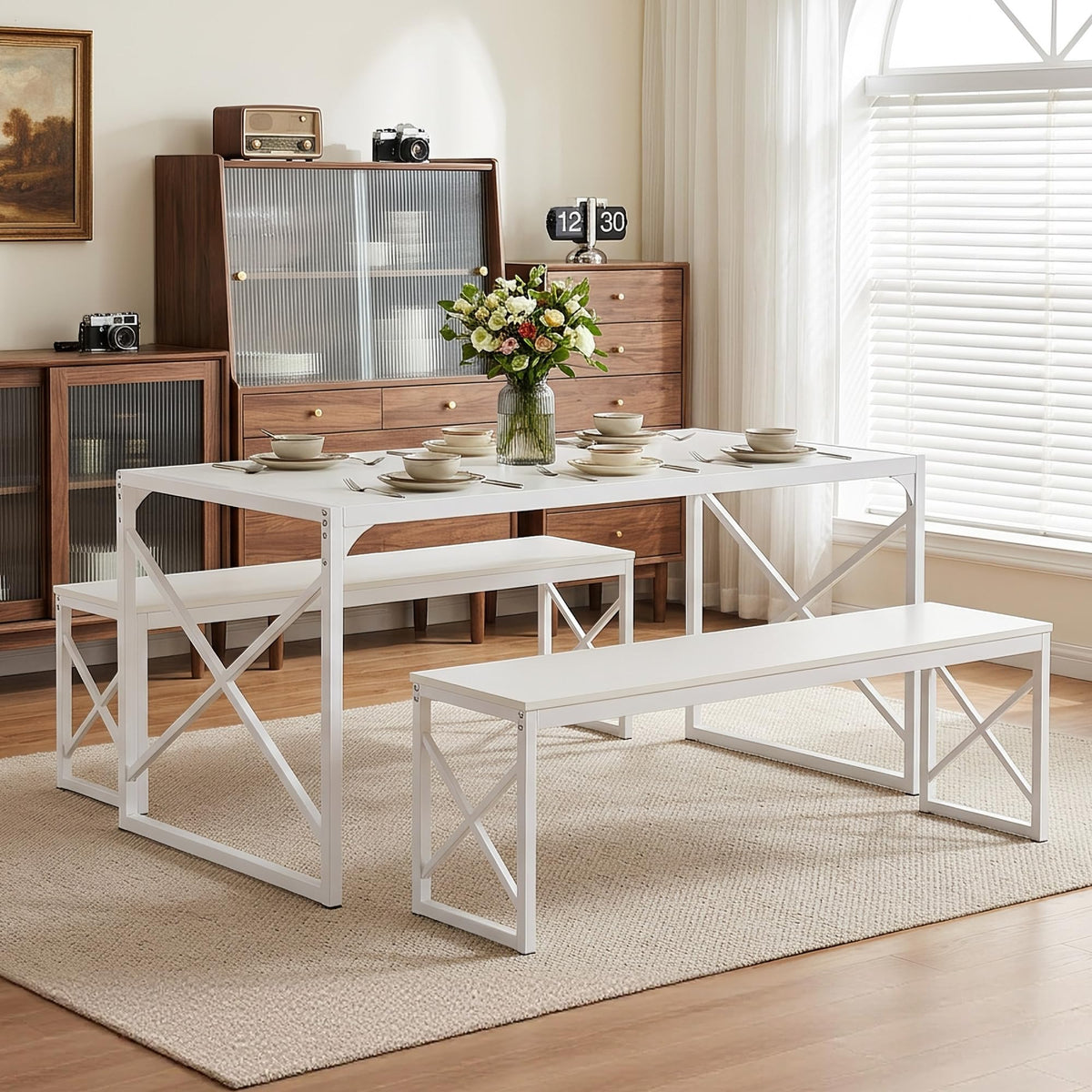 White Dining Table Set with Benches