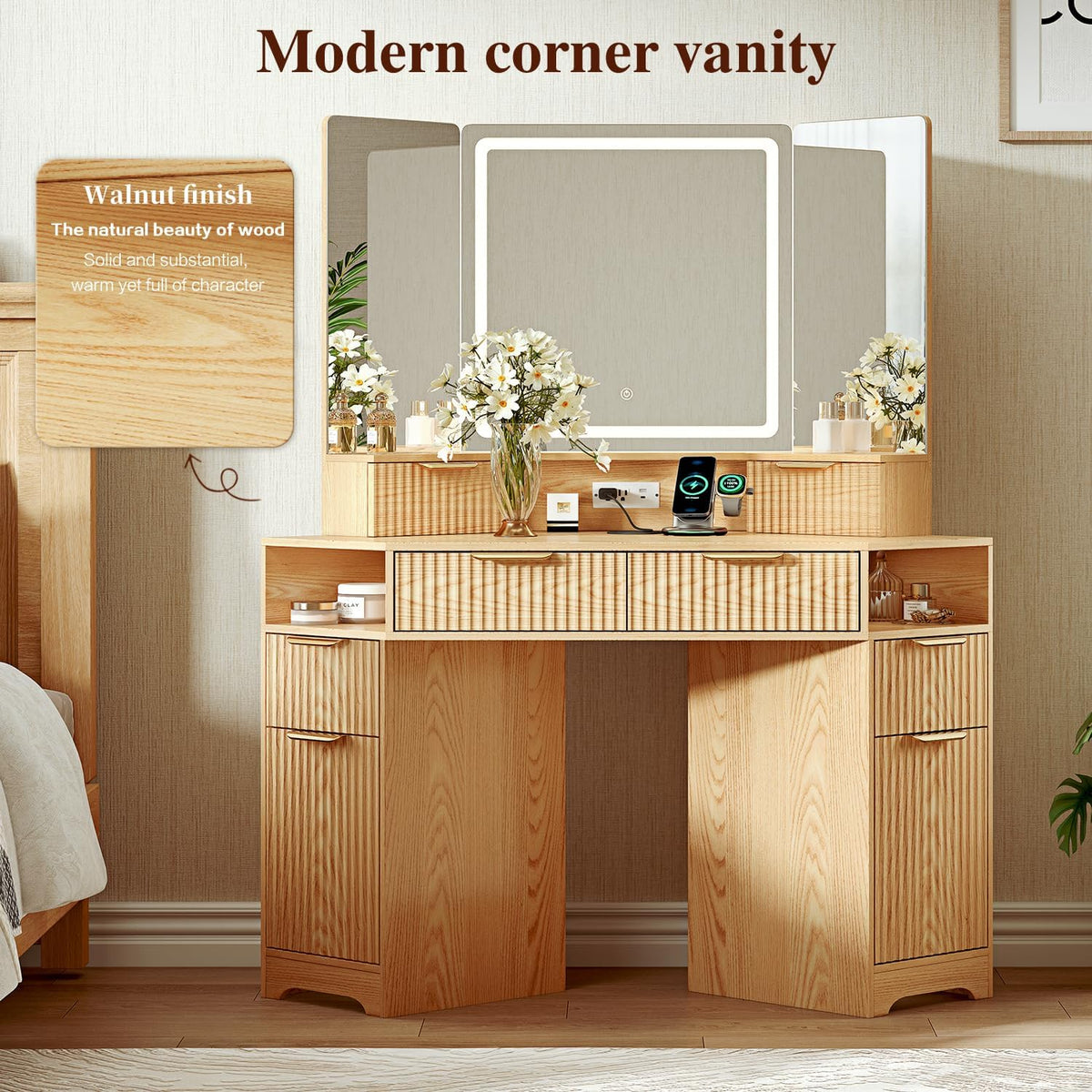 GRUTEUNIT Corner Makeup Vanity Desk with 3 Way Mirror and Lights,48" Large Vanity Table with 6 Drawers & Storage Cabinets, Charging Station, Fluted Dressing Table for Bedroom, Oak