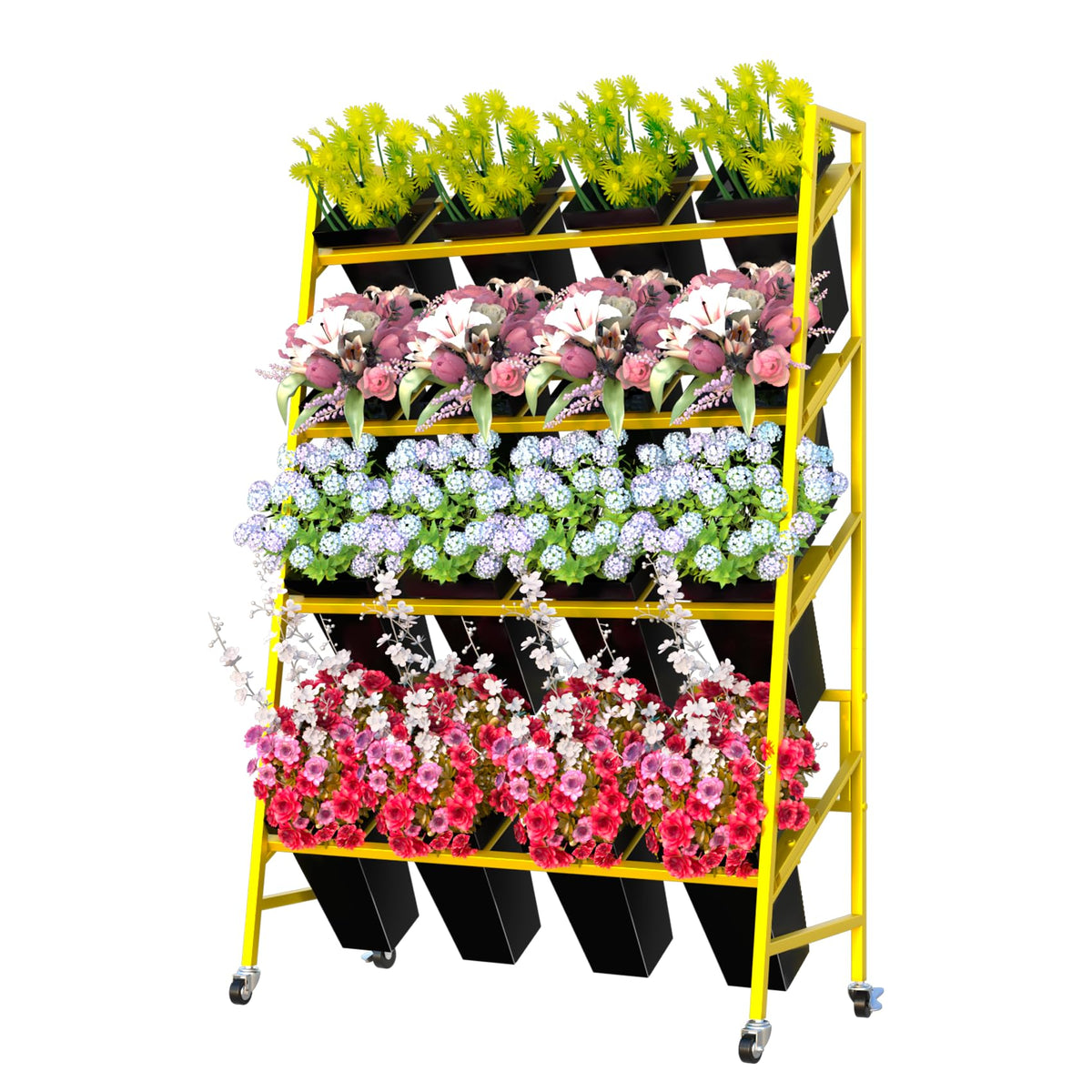 ztysn Flower Display Stand, 4 Tier Metal Plant Stand with 16 PCS Black Flower Buckets, Heavy Duty Moving Flower Cart Flower Rack, for Indoor Outdoor Patio, Garden, Living Room, Florist