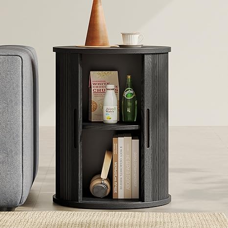 Round Fluted End Table with Sliding Tambour Door