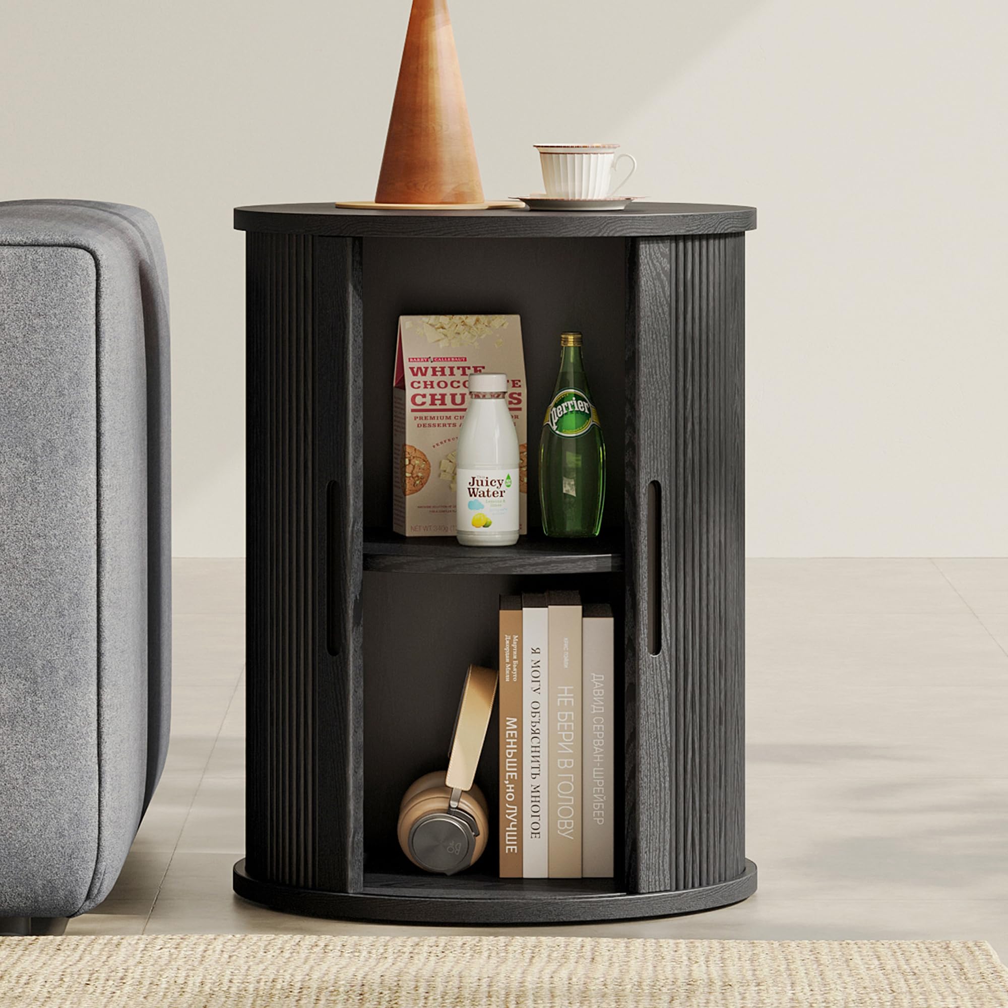 LINSY HOME Round Fluted End Table, Tall Side Table with Sliding Tambour Door and Storage Shelf, Mid Century Modern Nightstand for Living Room, Bedroom, Black
