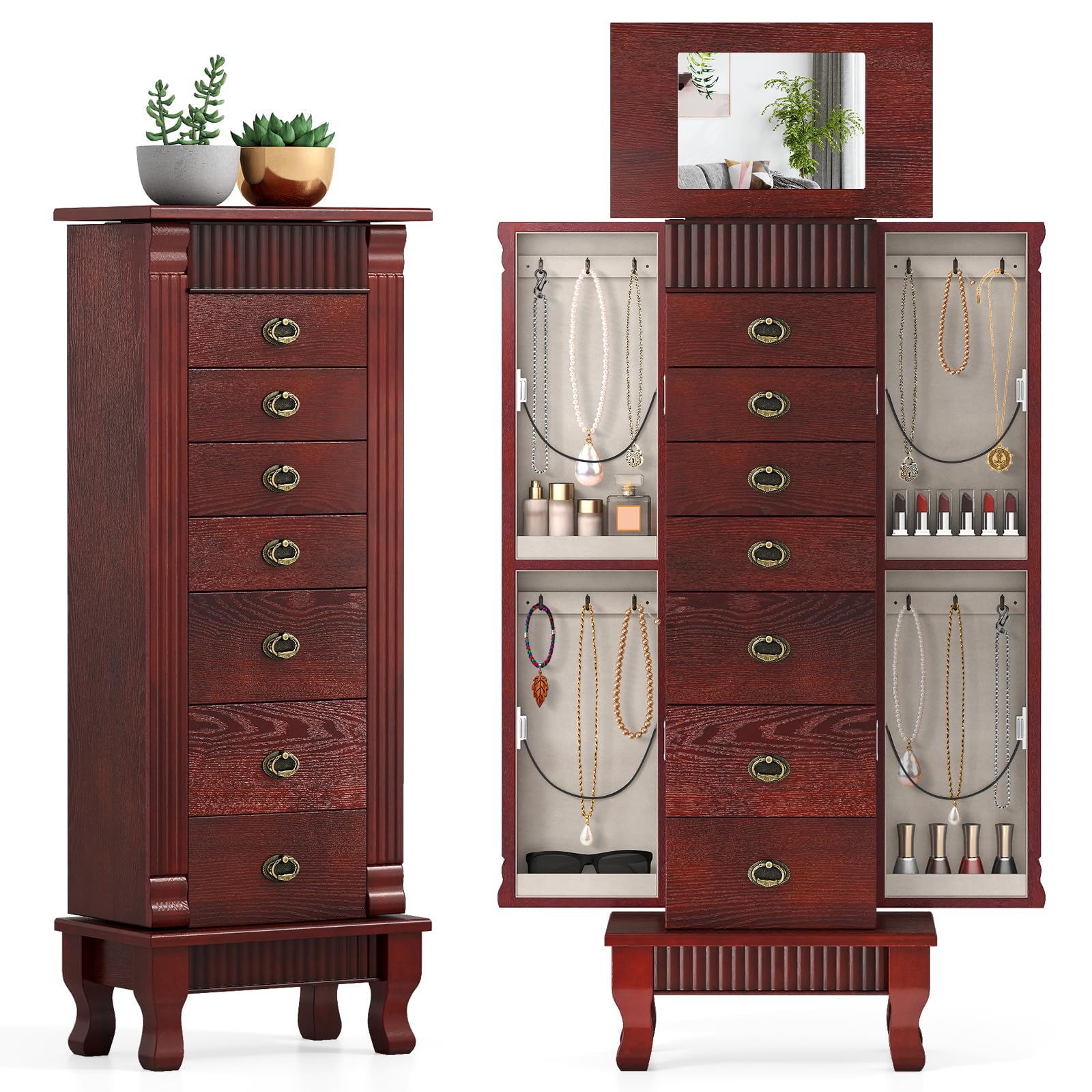 Standing Jewelry Cabinet with Mirror & Drawers