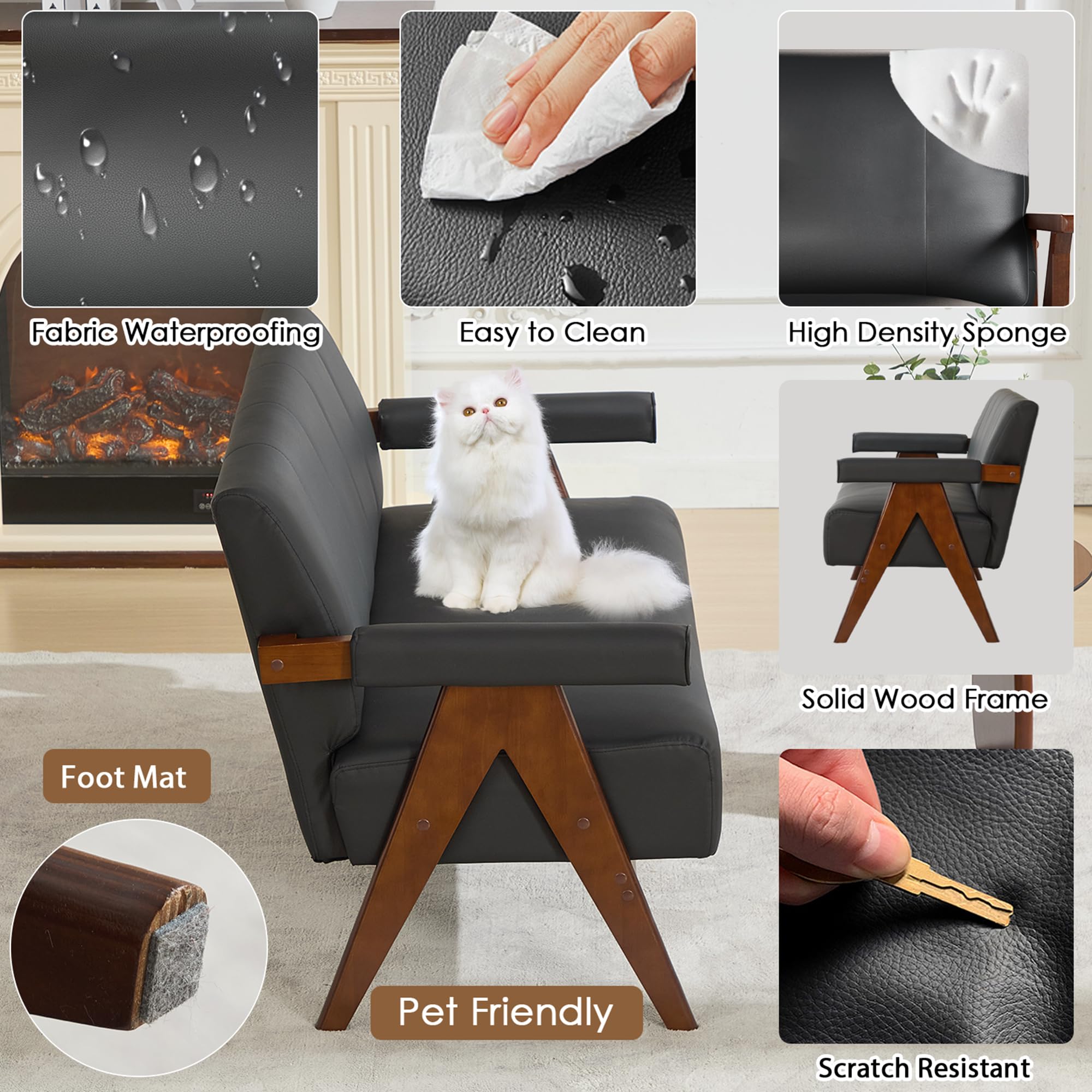 Faux Leather Loveseat Sofa & Accent Chair Set | Mid-Century Modern
