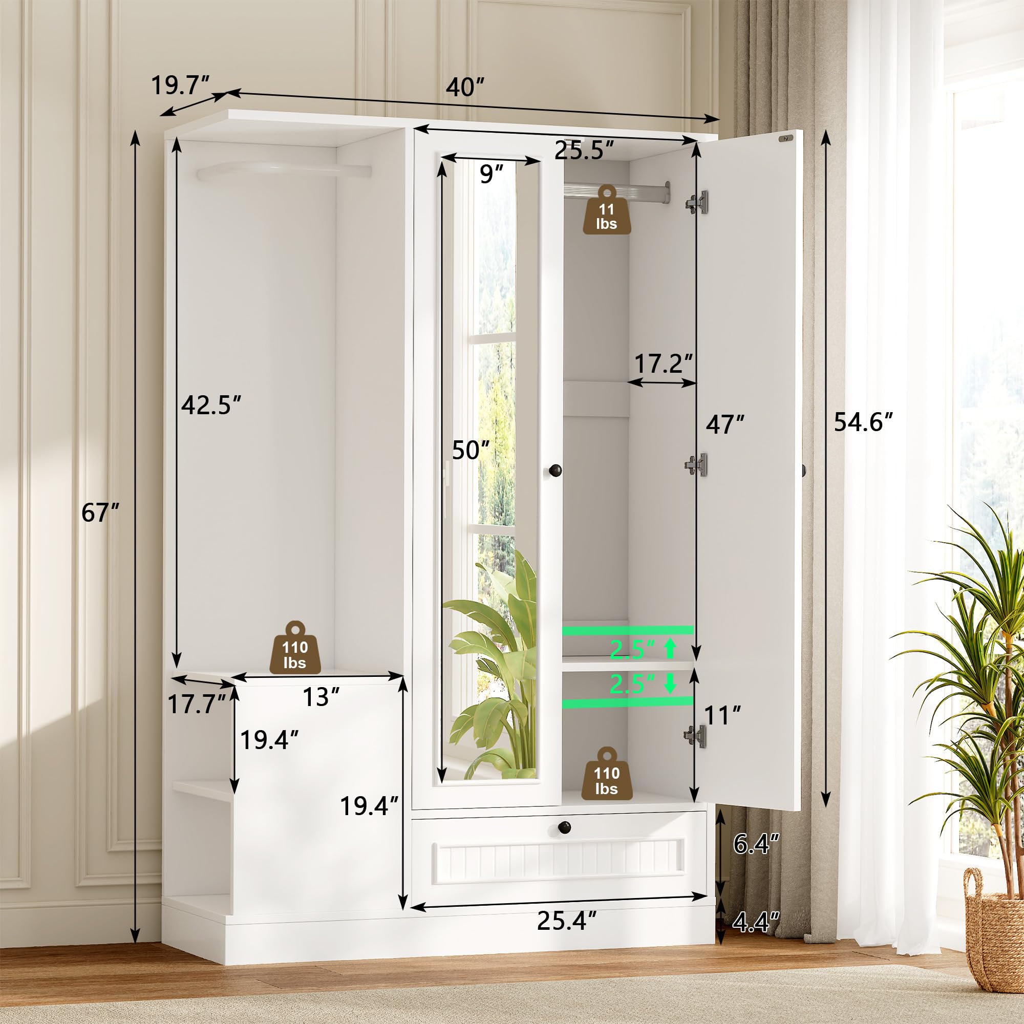 2-Door Wardrobe Closet with Mirror & Drawers