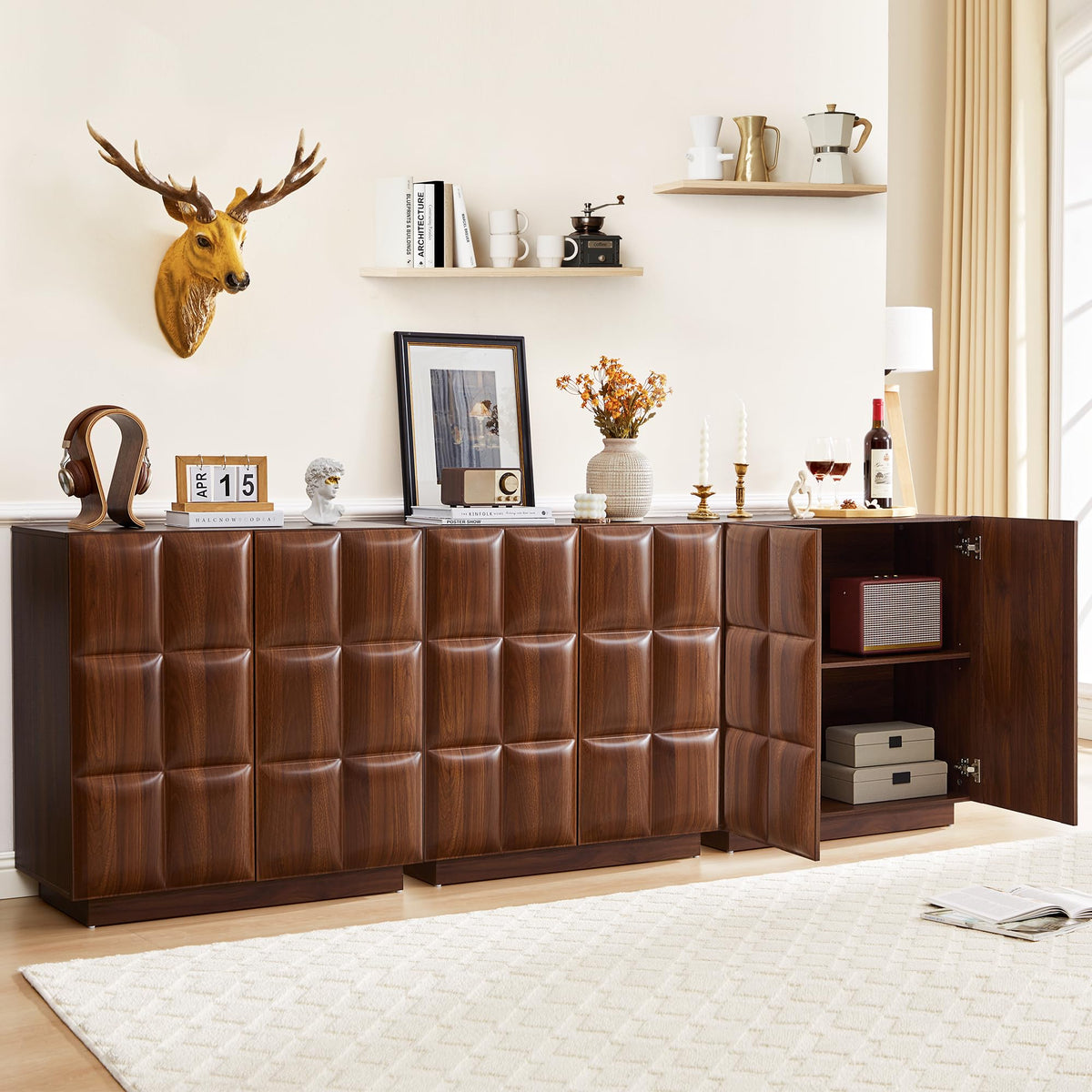 XUZENEST Set of 3 Sideboard Buffet Cabinet with Storage, Modern Accent Cabinets with Adjustable Shelves, 6 Doors Coffee Bar Buffet Table Credenza for Living Room Kitchen Hallway,Walnut