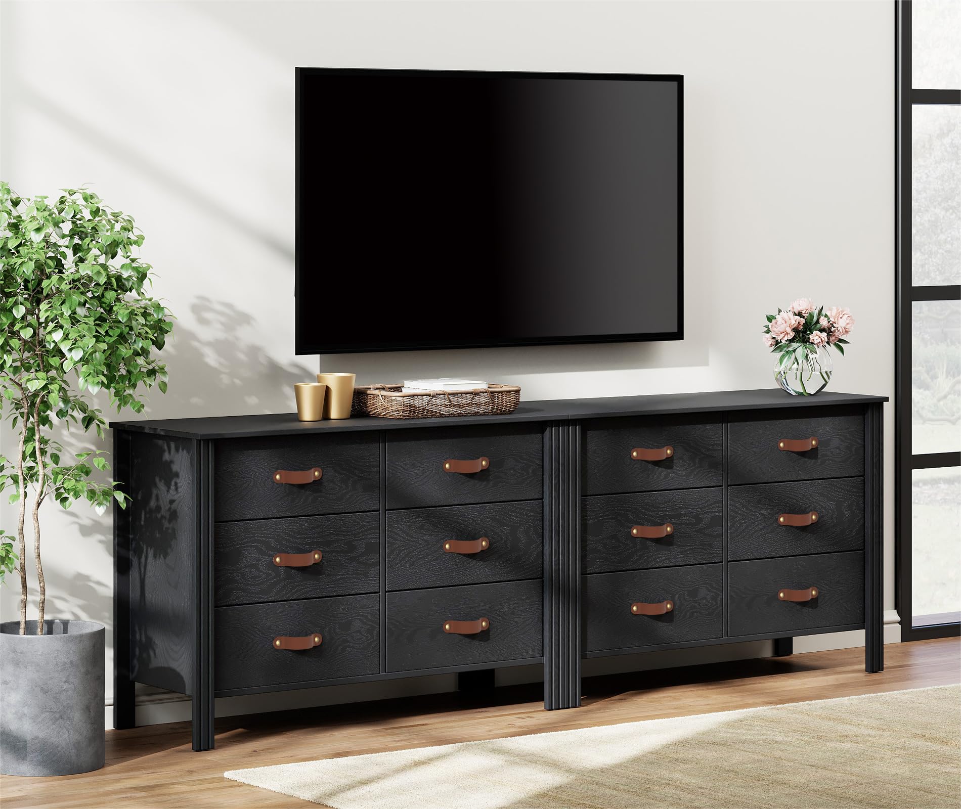 WAMPAT Black Dresser for Bedroom, Long Wide Dresser with 12 Drawers, Kids Dressers & Chests of Drawers, Set of 2 Classic Wooden Storage Cabinet Organizer for Closet, Living Room, Hallway