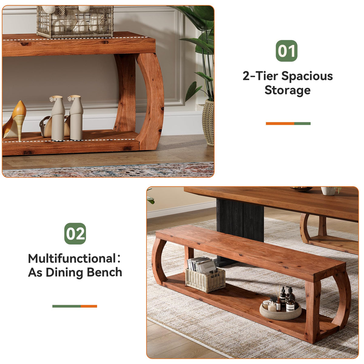 TRIBEWOOD 2-Tier Solid Wood Entryway Bench, 59" Long Farmhouse End of Bed Bench with Open Shelves, Rustic Shoe Storage Wooden Seating for Entry, Kitchen, Living Room, Bedroom, Hallway (Rustic Brown)
