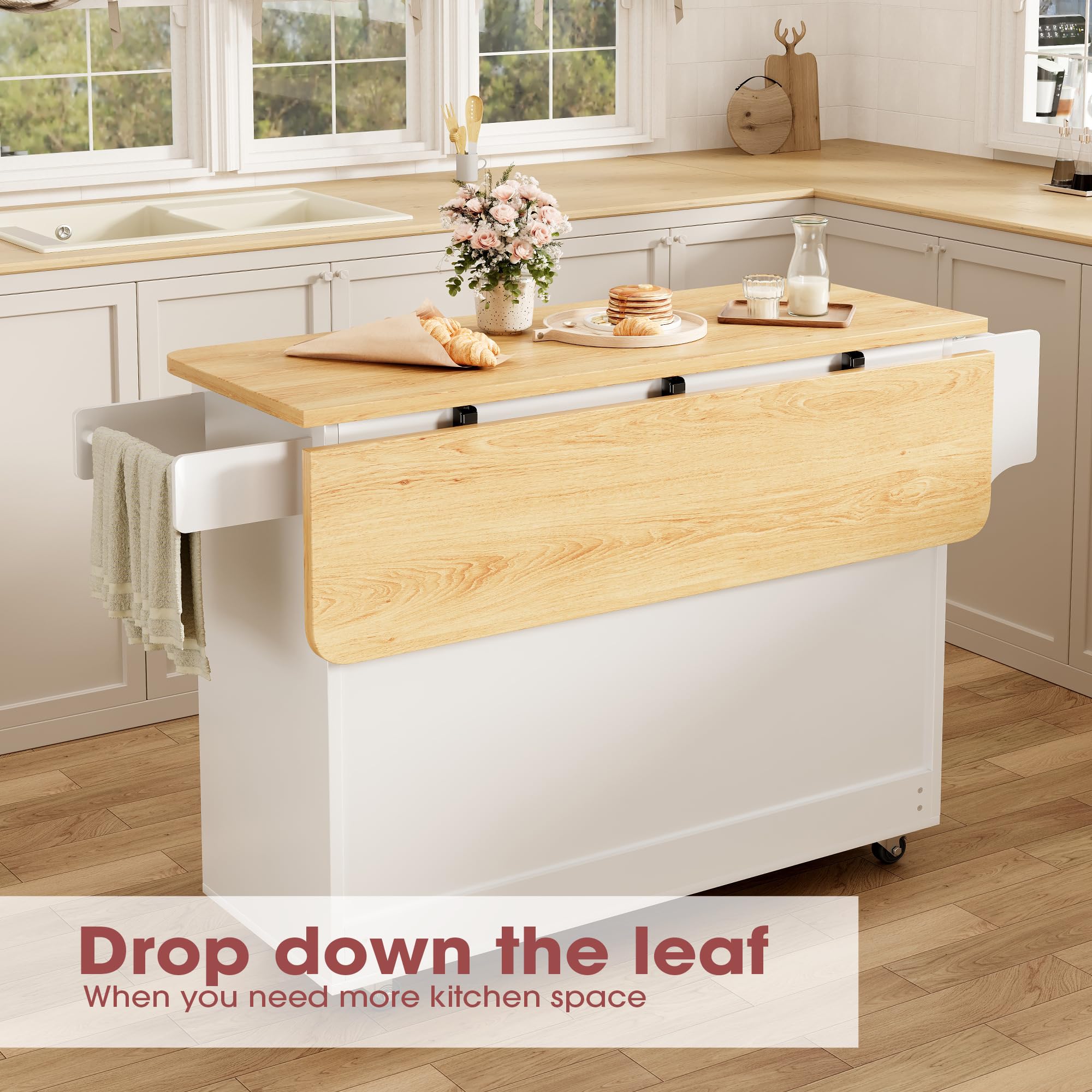 Rolling Kitchen Island with Drop Leaf & Storage