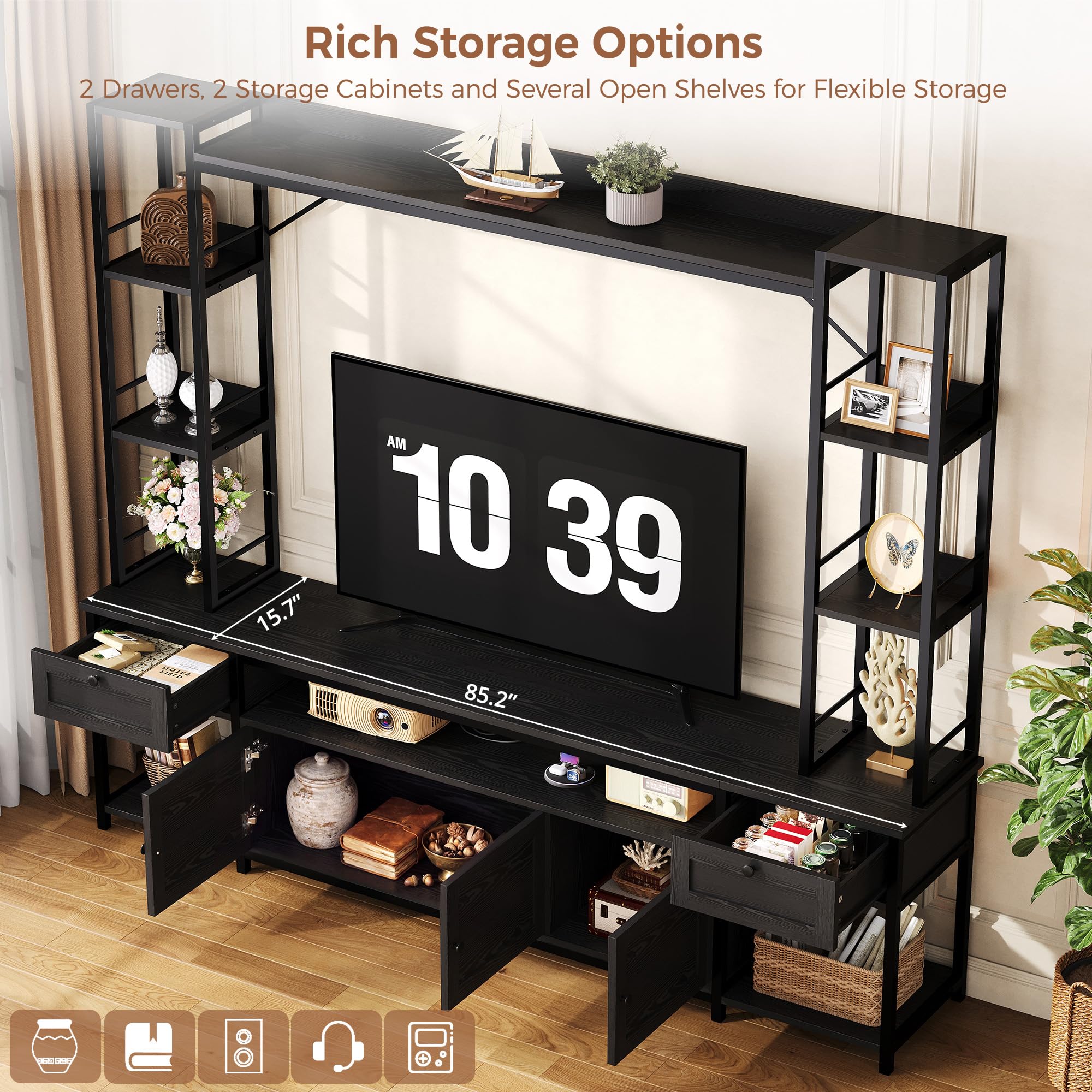 IRONCK Entertainment Center, TV Stand for TVs 65 inch with Storage and Power Outlet, Media TV Console with 2 Wood Drawers and 2 Cabinets, TV Stands for Living Room, Black