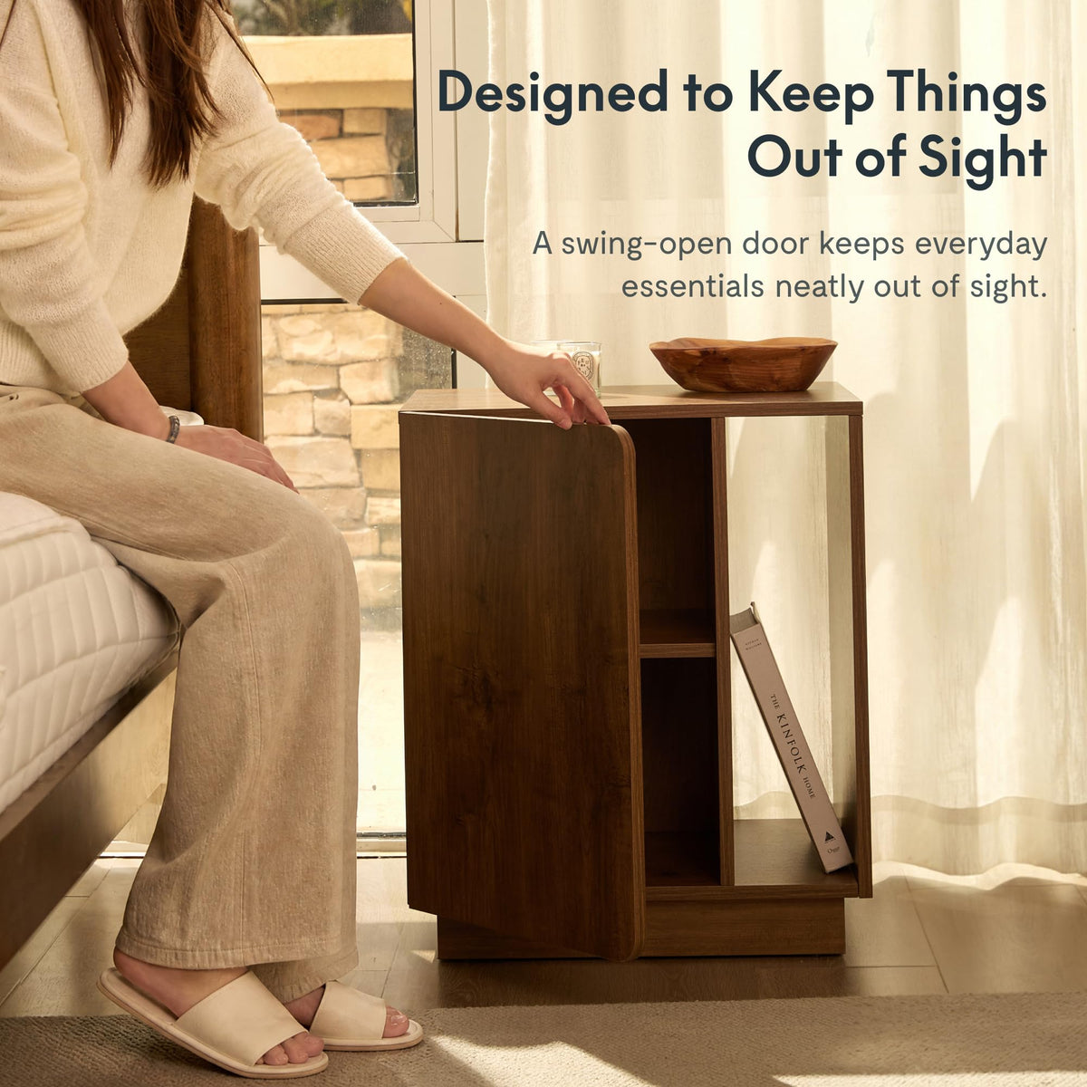 FLEXISPOT Mid-Century Modern Nightstand with Charging Station, Walnut, Left