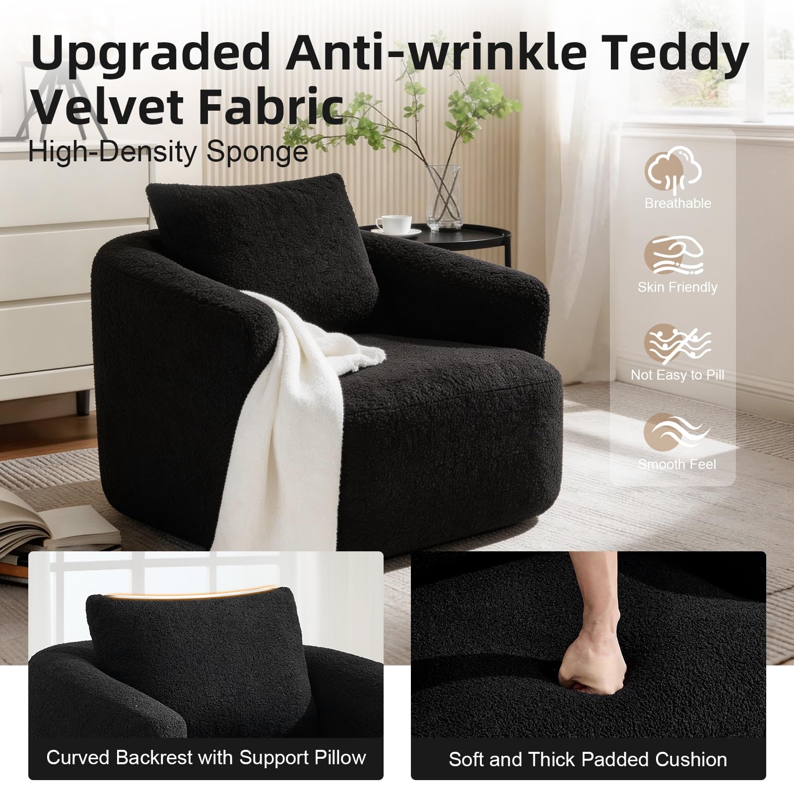360° Swivel Accent Chair – Boneless Oversized Teddy Velvet Armchair