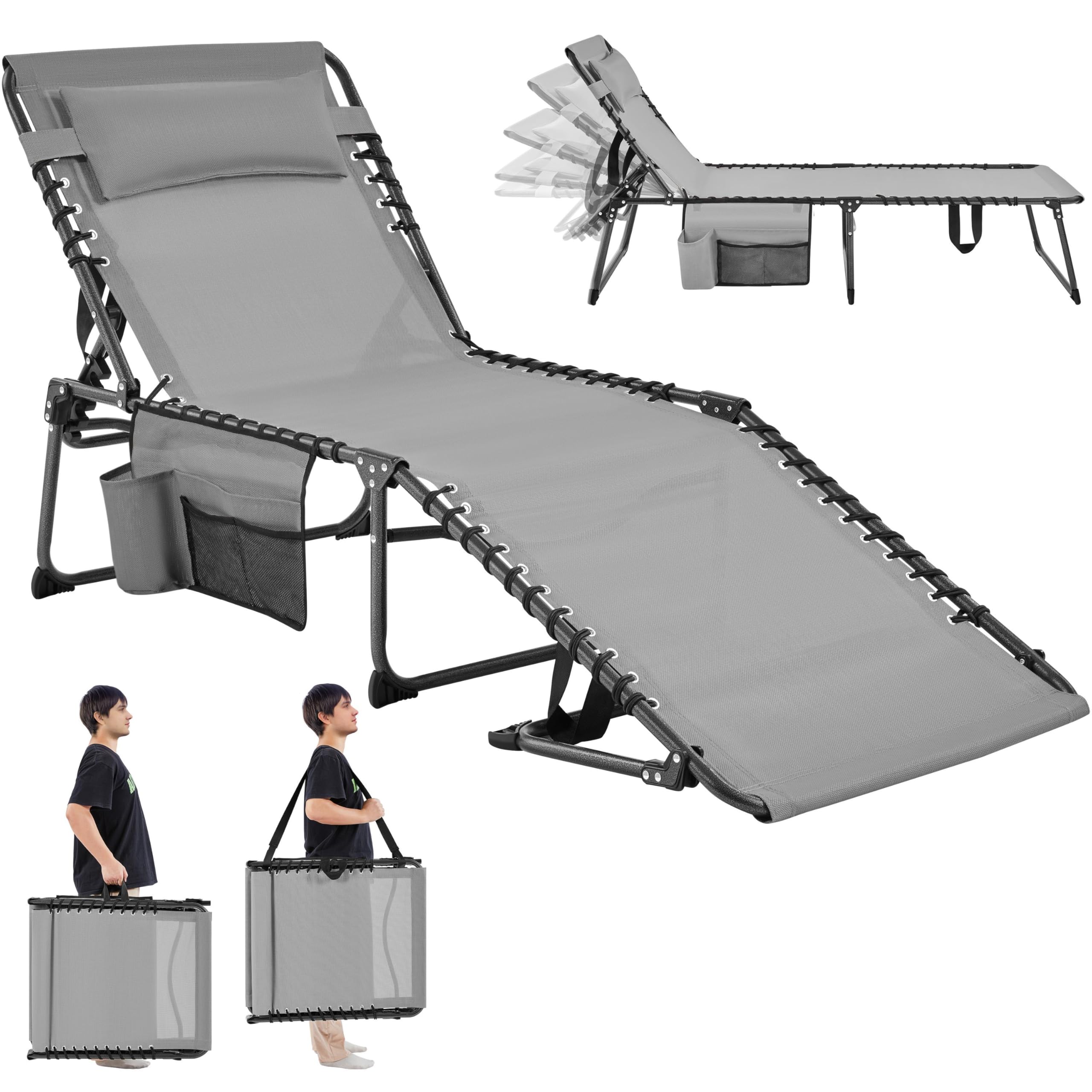 Yaheetech 26.4" Outdoor Folding Tanning Chair, Chaise Lounge Chairs with 5 Back Position Adjustable, Extended Portable Lounger for Beach, Patio, Gray