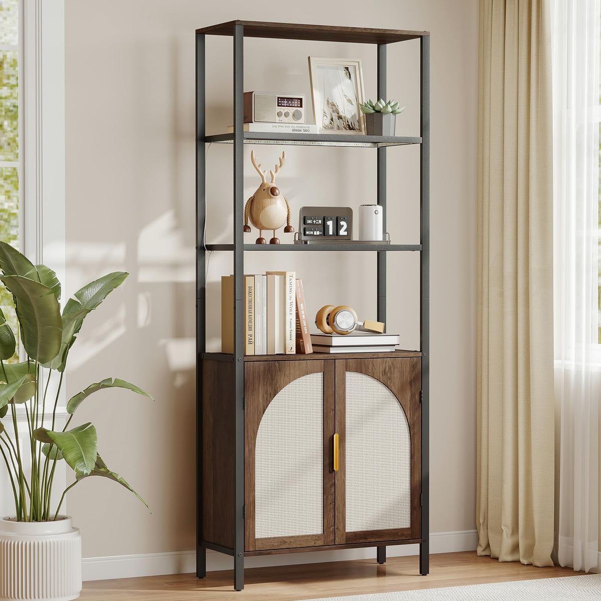 Rattan LED Bookshelf with Cabinet