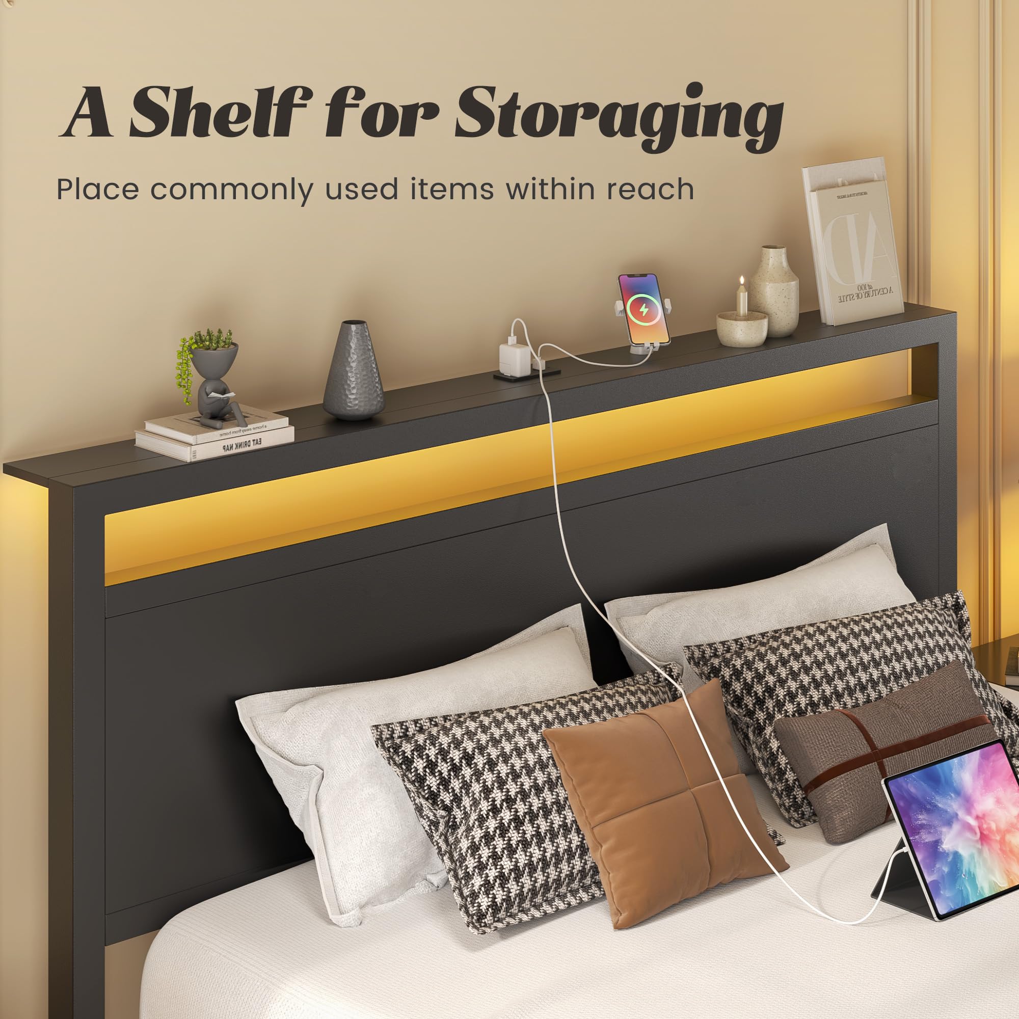 Queen Bed Frame with LED Headboard & Built-in Charging Station