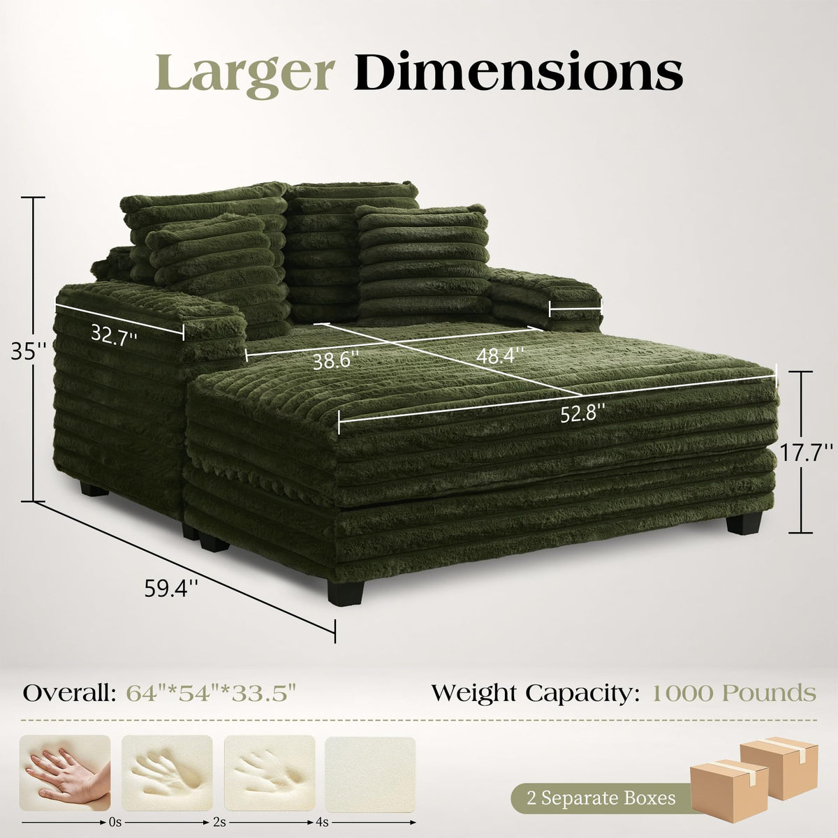 TUNYI Oversized Chaise Lounge Chair Indoor, Faux Fur Upholstered Sofa Bed with Wood Frame, Sleeper Couch Throw Pillow and Armrest for Living Room, Movie Room, Bedroom, Guest Room (Green)