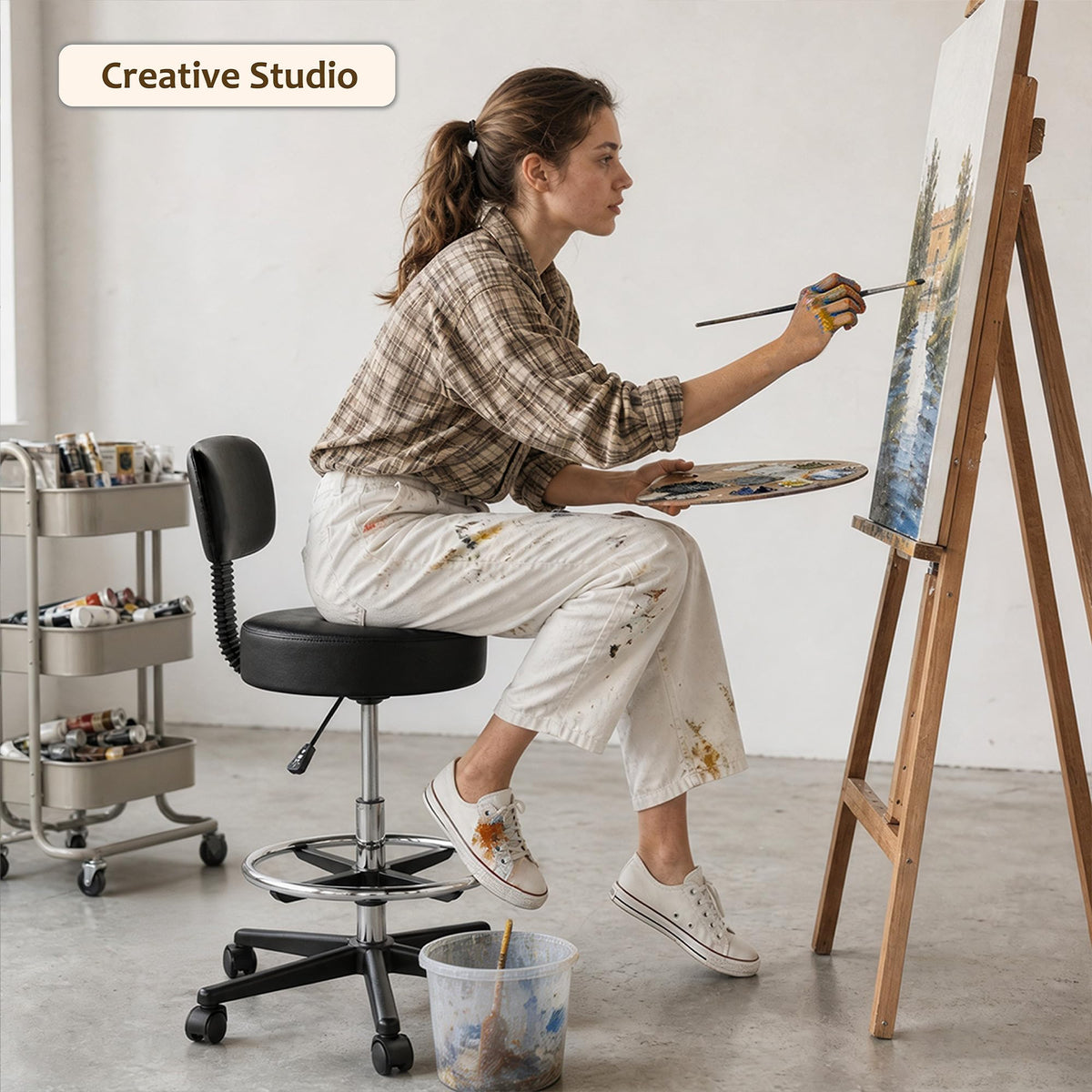 Flumpent Drafting Chair, Adjustable Height & Footrest, Swivel, Black