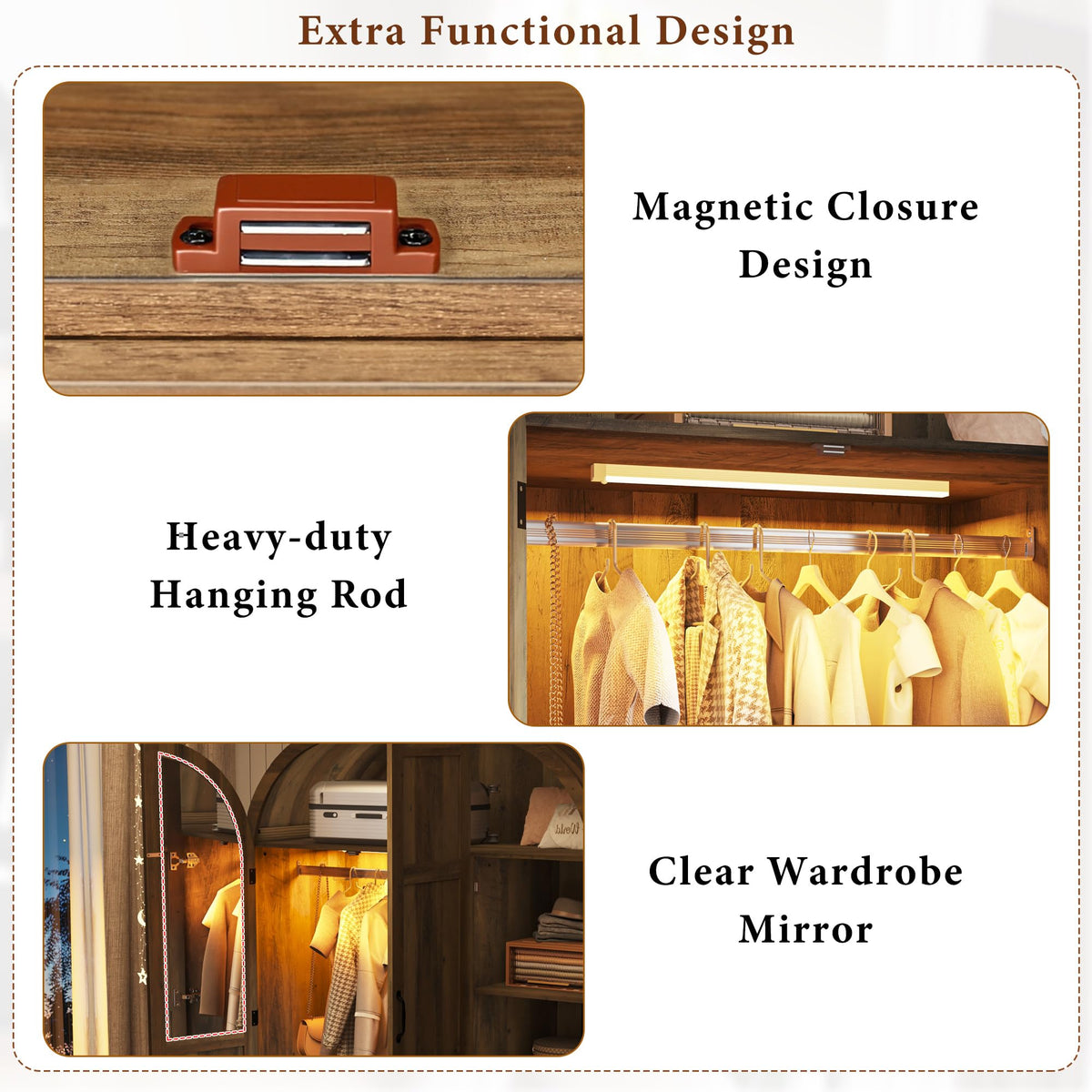 Squireewo 3 Doors Armoire Wardrobe Closet with Mirror and Lights, 71" Farmhouse Arched Wooden Wardrobe Cabinet with 2 Drawers,Hanging Rod, Clothing Storage Closet Cabinet for Bedroom,Light Rustic Oak