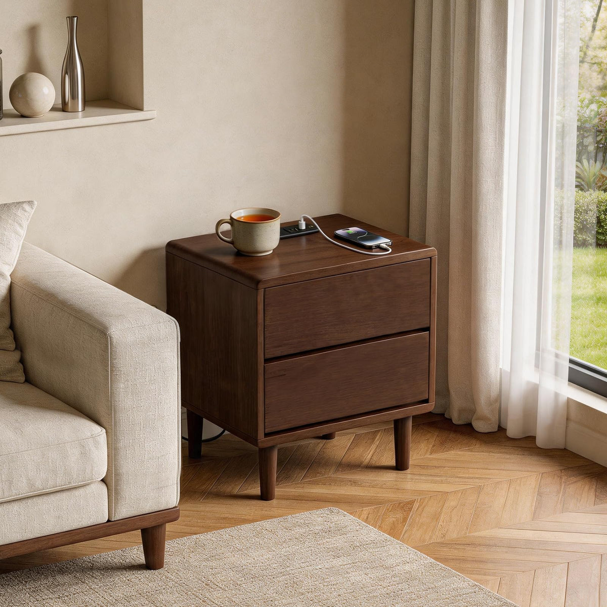 Solid Wood Nightstand with Charging Station,USB-C Port, 15.7 inch Wide End Table with 2 Drawers, Modern Wood Bedside Table for Bedroom(Walnut)