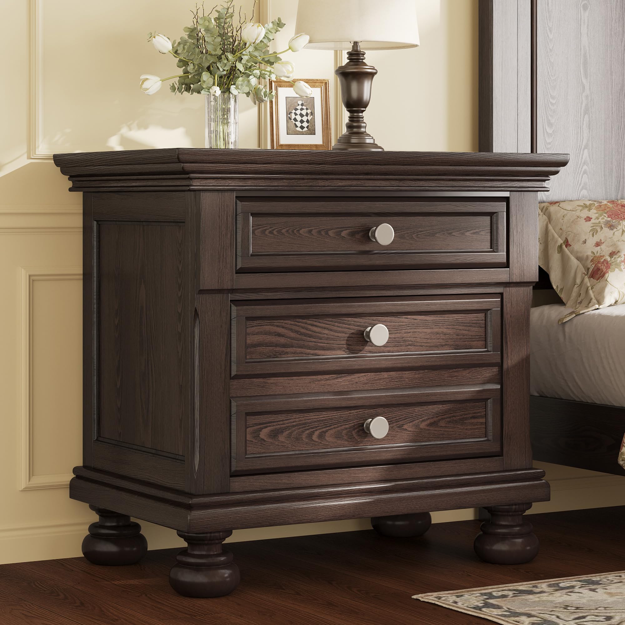 Solid Wood 3-Piece Bedroom Set with High Bed Frame & Nightstands – Dark Brown