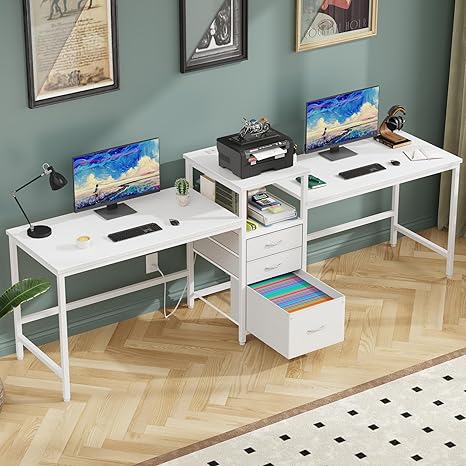 93" Two-Person Desk with Charging Station & 3 Drawers