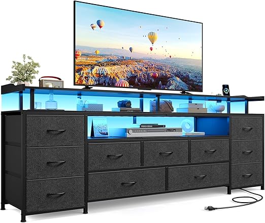 TV Stand with LED Lights & Charging Station, 11 Fabric Drawers
