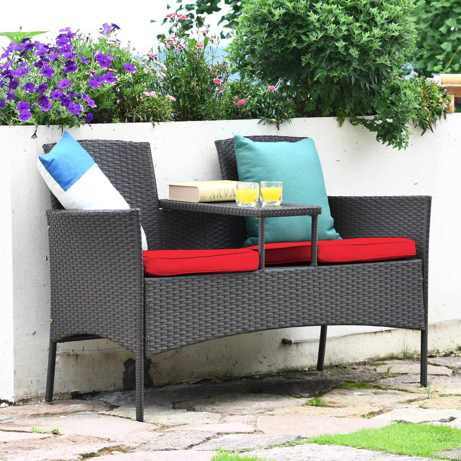 Outdoor Wicker Loveseat Sofa Set with Built-In Coffee Table
