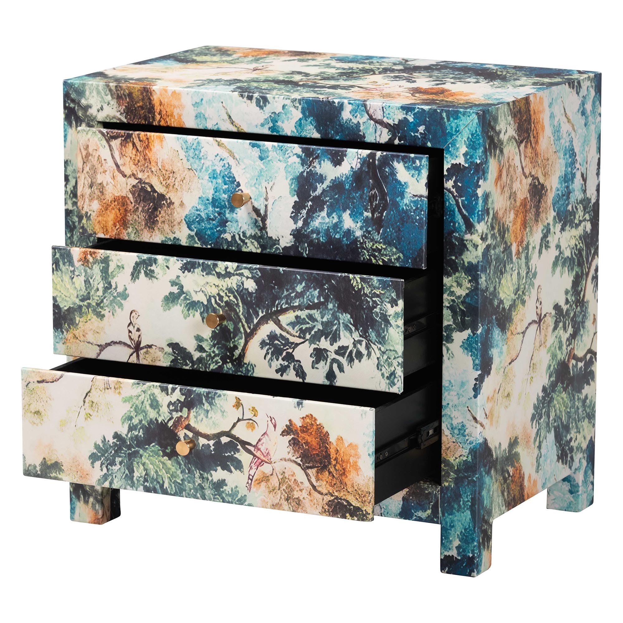 Baxton Studio Adeline End Table with Printed Nature Motif - 3-Drawer Storage Cabinet with Gold Knobs