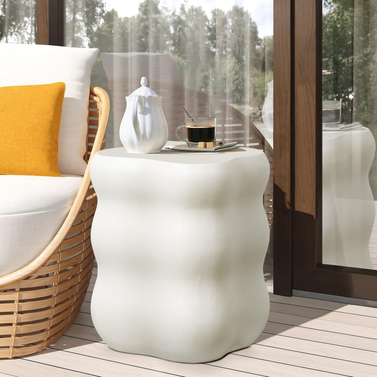 LuxenHome 18" White Concrete Outdoor Side Table, Small End Table for Patio