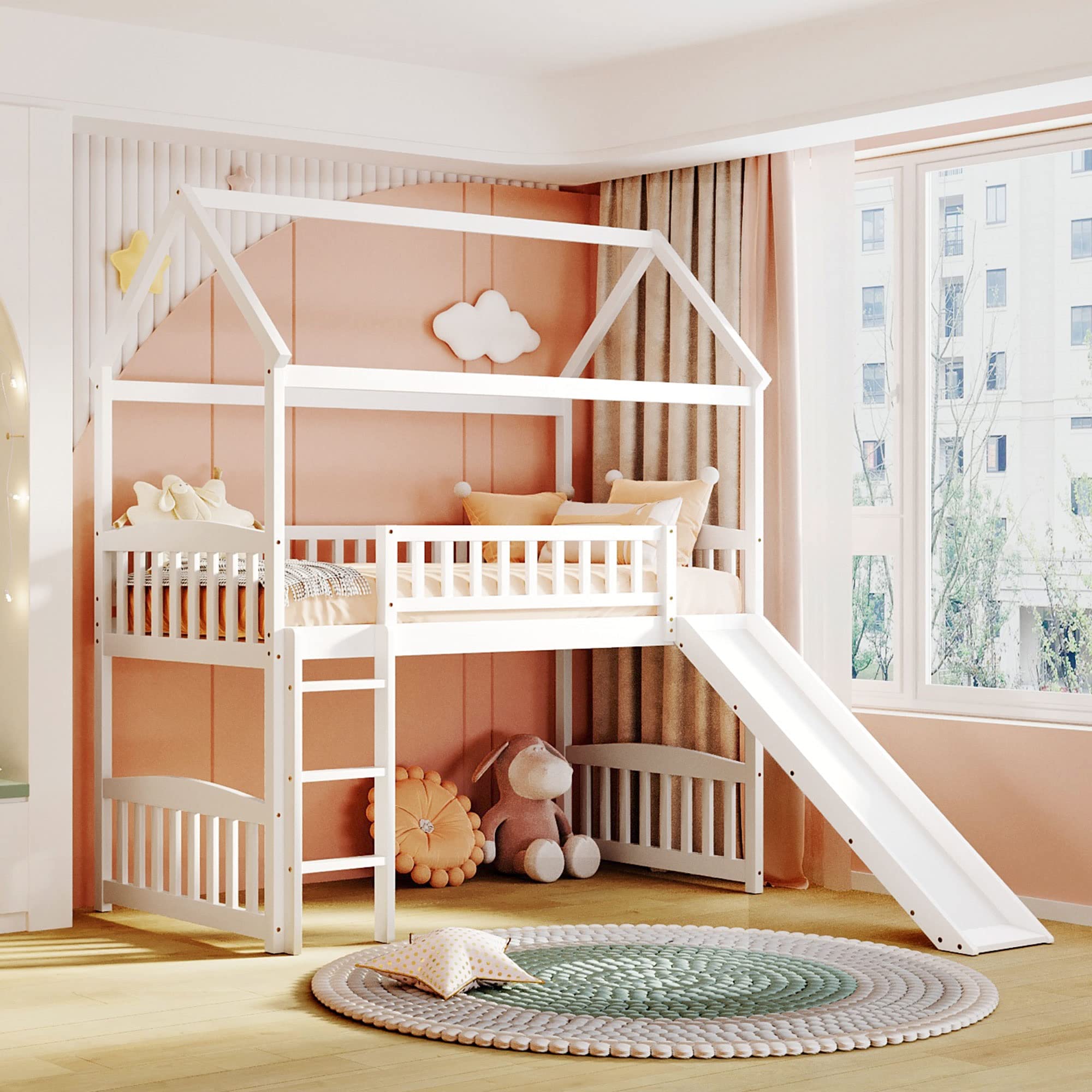 Twin Loft Bed with Slide & Playhouse Design