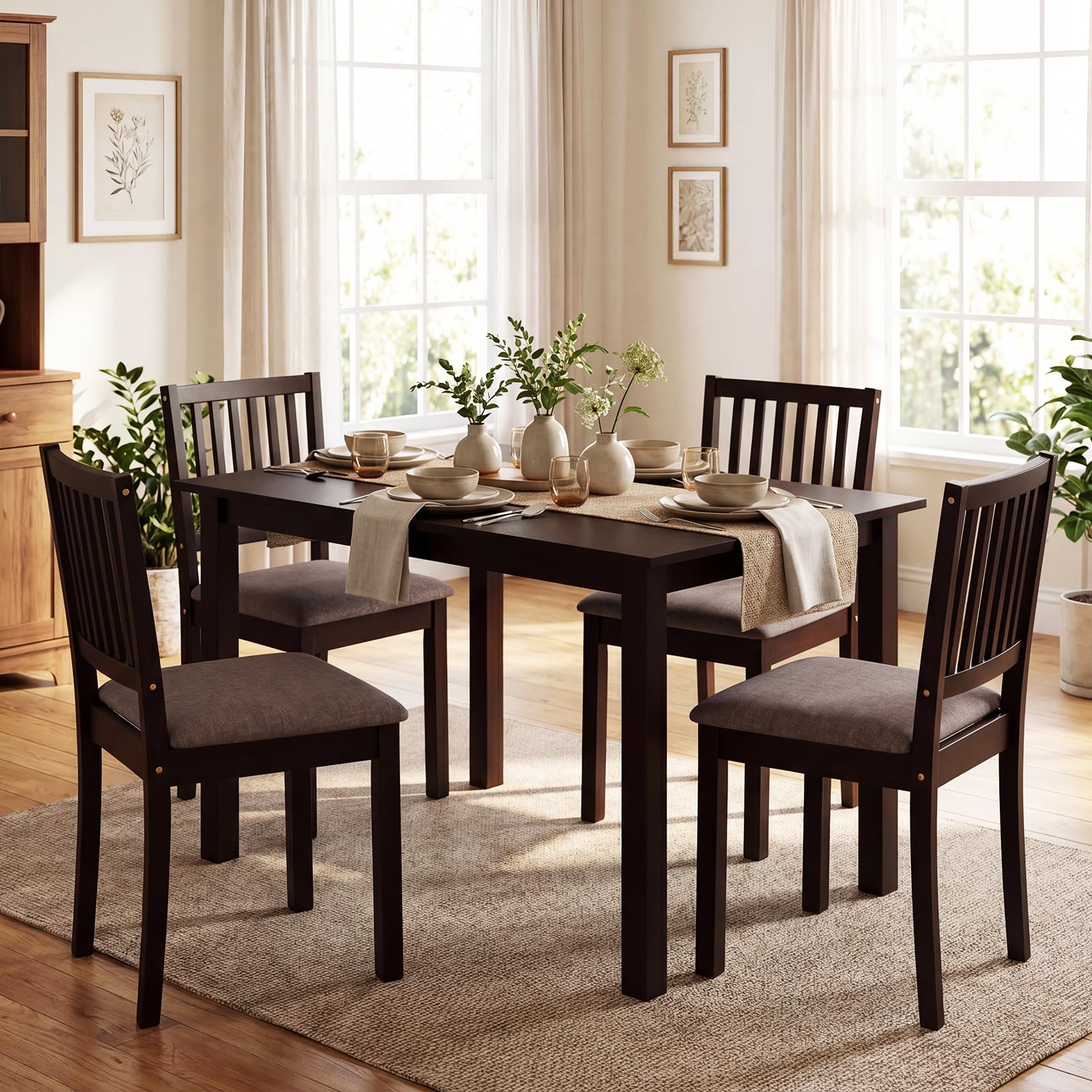 Giantex Dining Table Set for 4, Rectangular Kitchen Table Set w/4 Upholstered Chairs & Solid Rubber Wood Frame, Space-Saving Dinette Set for Small Space, Dining Room, Breakfast Nook