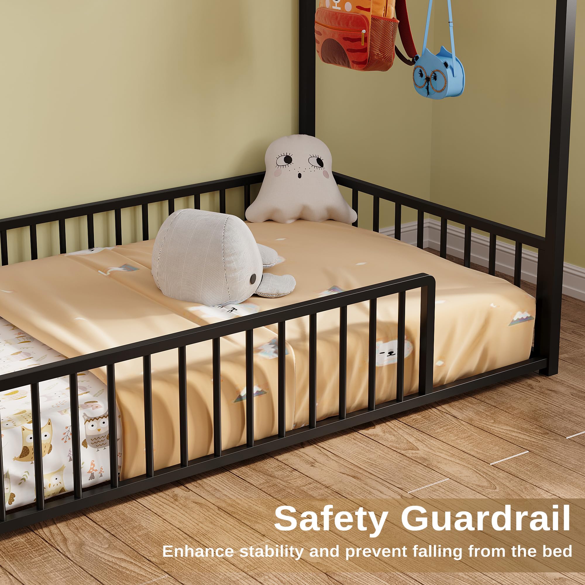 Twin Metal House Floor Bed Frame with Guardrails