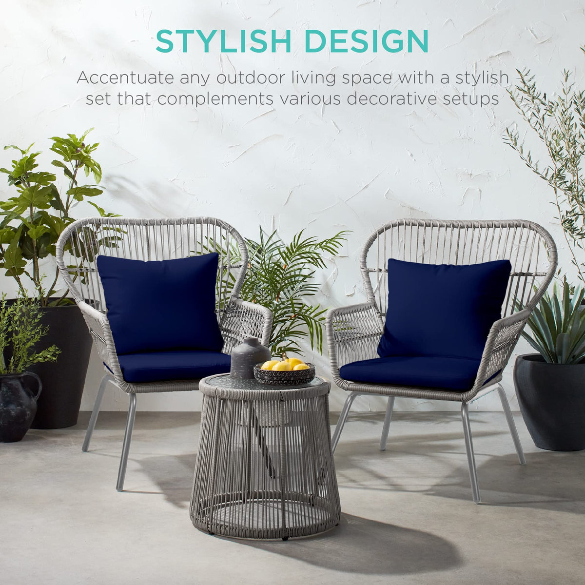 Best Choice Products 3-Piece Patio Conversation Bistro Set, Outdoor All-Weather Wicker Furniture for Porch, Backyard w/ 2 Wide Ergonomic Chairs, Cushions, Glass Top Side Table - Gray/Navy