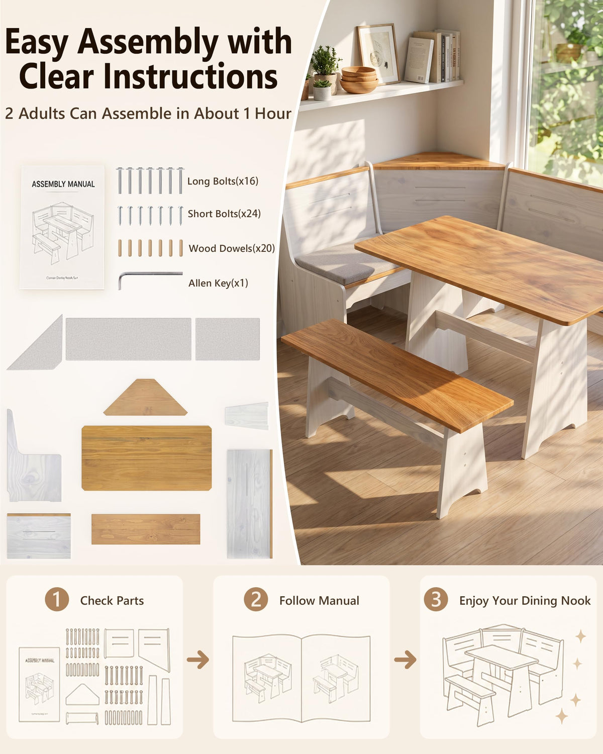 Kitchen Breakfast Nook Table Set - Corner Dining Table Set with Cushion