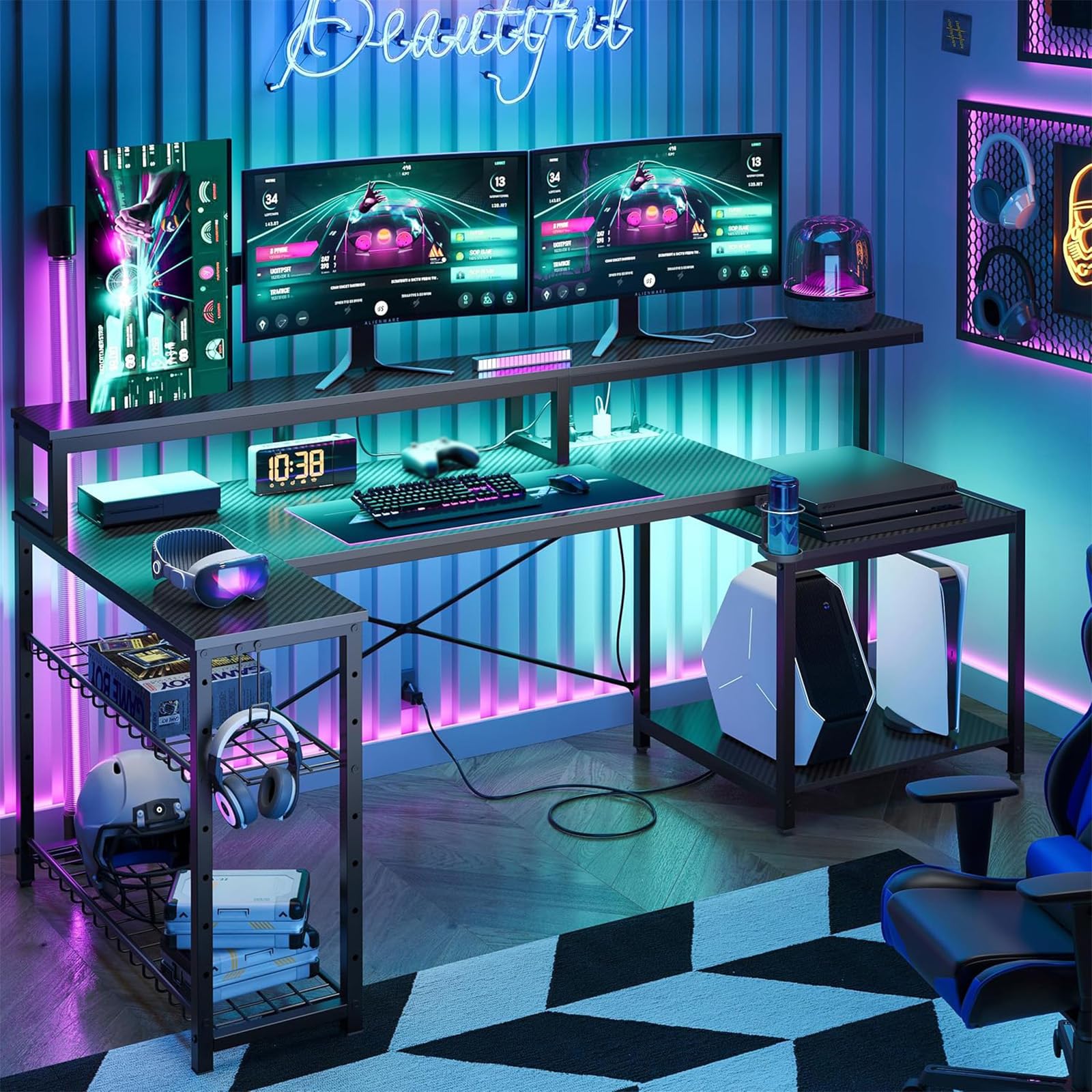 L-Shaped Gaming Desk with LED & Power Outlets, 71.5"