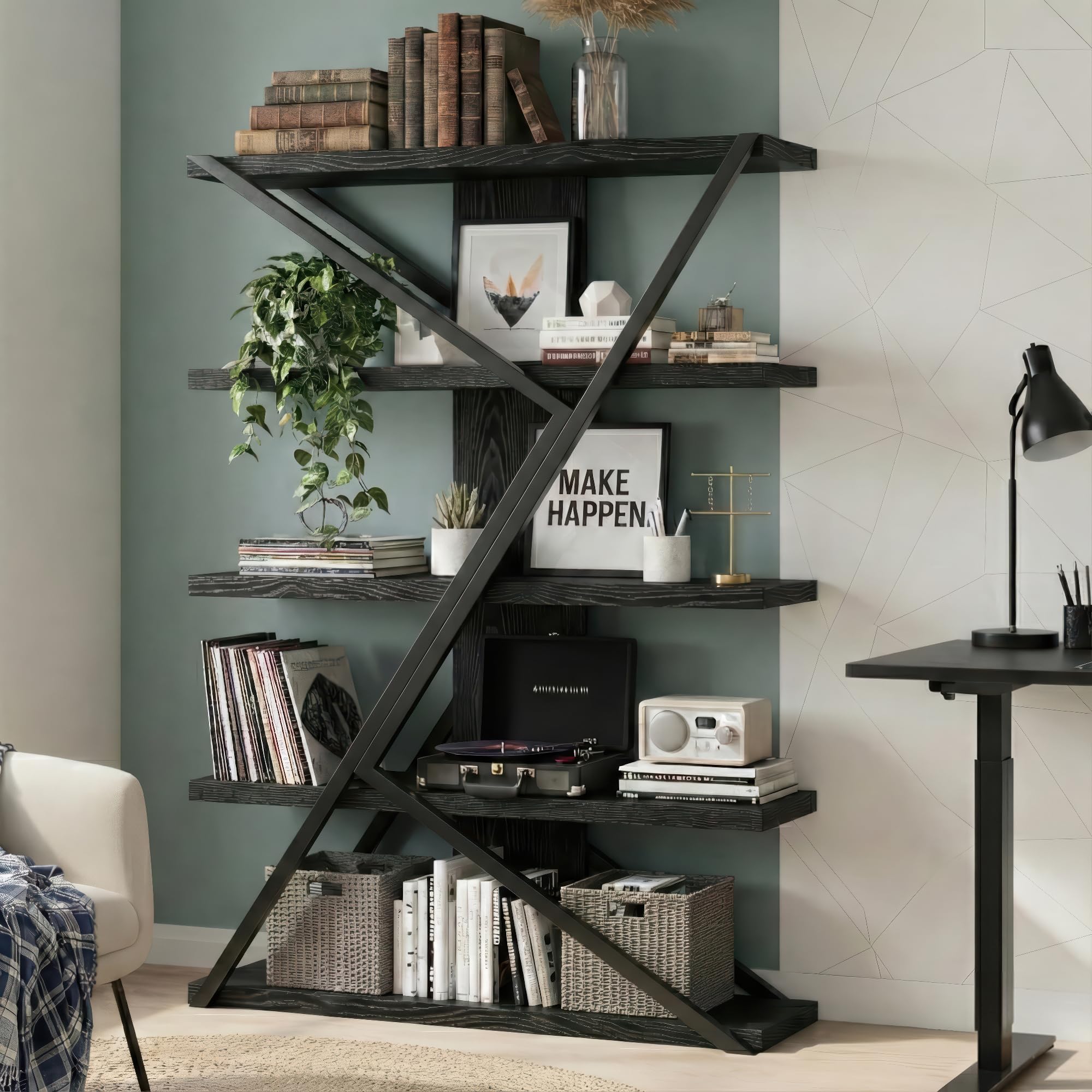 Industrial 5-Tier Bookshelf with Wood & Metal Frame