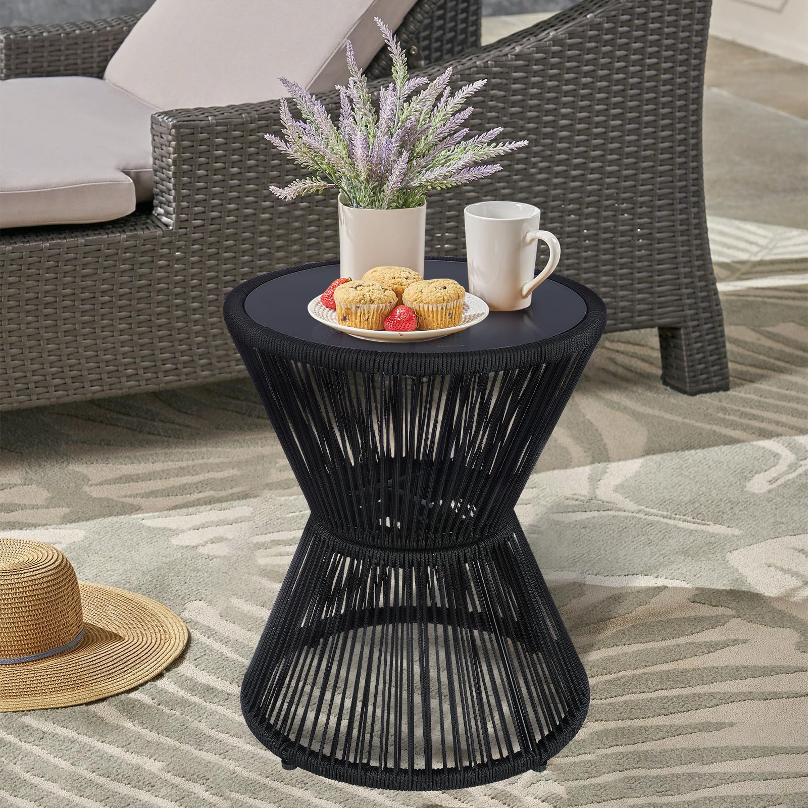 Woven Rope Outdoor Side Table with Glass Top