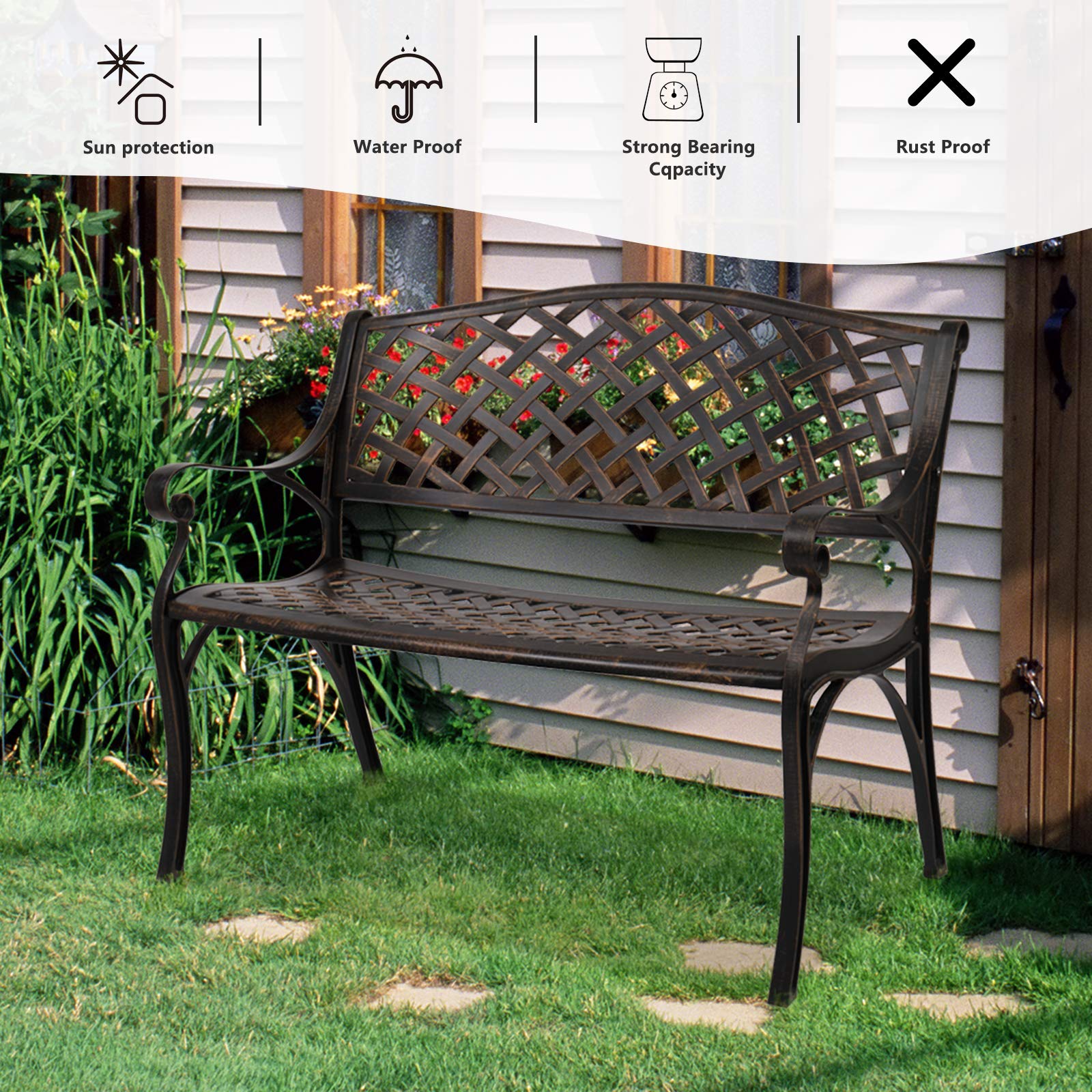 Outdoor Patio Garden Bench with Anti-Rust Aluminum Frame
