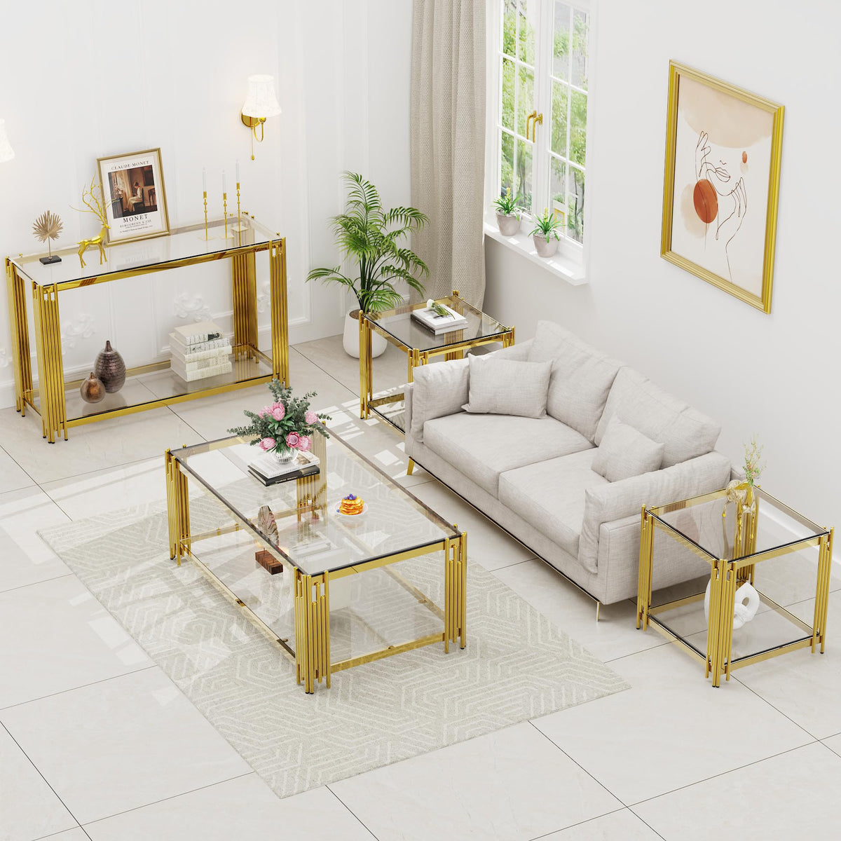 2-Tier Gold Glass Console Table