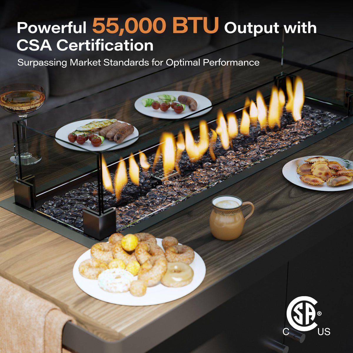 LAUSAINT HOME 43" Propane Fire Pit Table, 55000 BTU Gas Fire Pit with 2 Tiered Storage Space, Wood Grain Tabletop, Gray Glass Wind Guard for Outside Patio Lawn