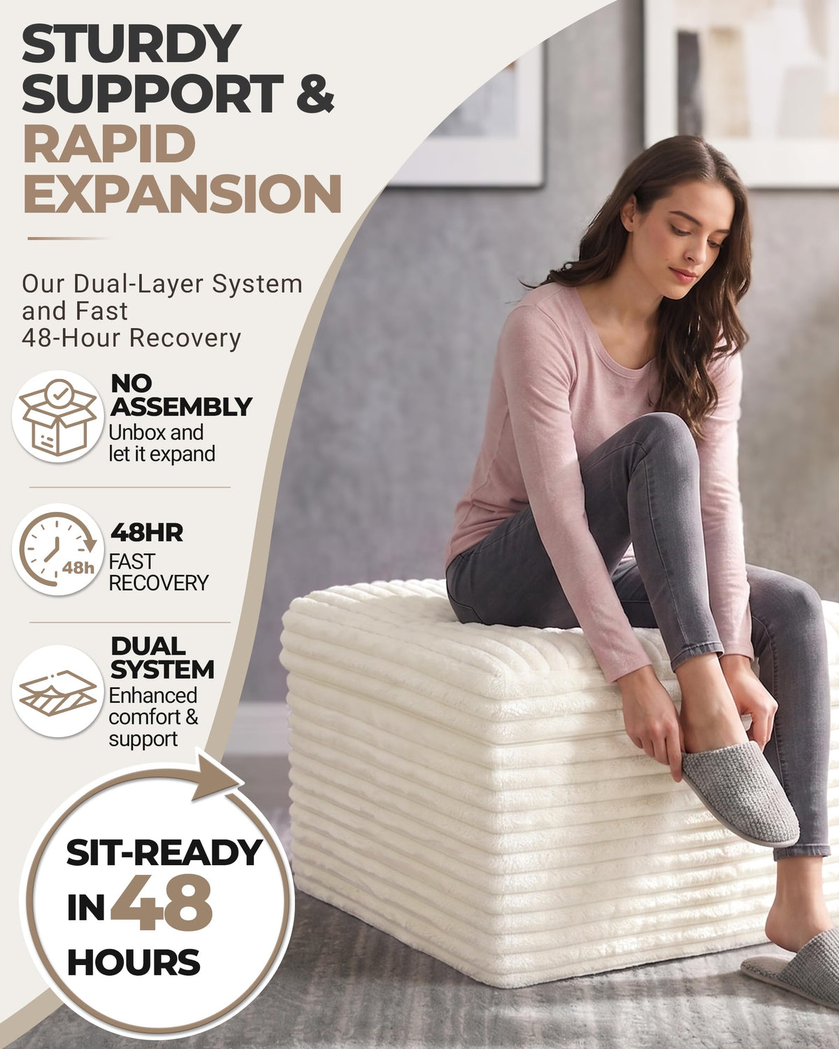 Fabulcozy 23.6in Pouf Ottoman, Corduroy Footstool Foot Rest Seating, Beige