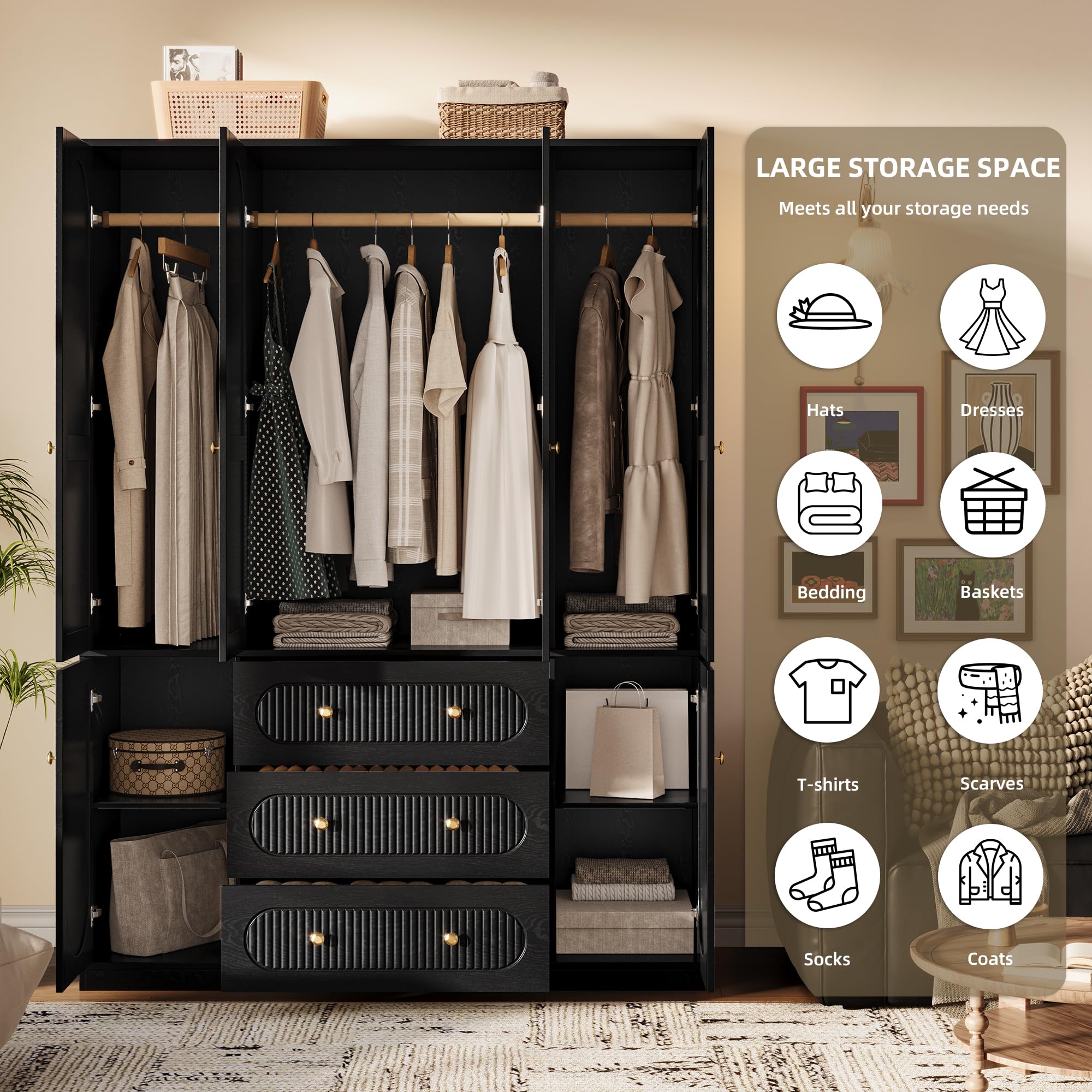 TOKSOM 4 Doors Freestanding Armoire Wardrobe Closet, 72" Black Wardrobe Armoire Wooden Closet Large Capacity Storage with 3 Drawers & 3 Hanging Rod Shelves Clothes Organizer