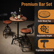 Diwhy 3 Piece Bar Set Industrial Style Adjustable Dia 19.7" Bar Table and 2 Stools with Backrest for Kitchen, Pub, Bistro